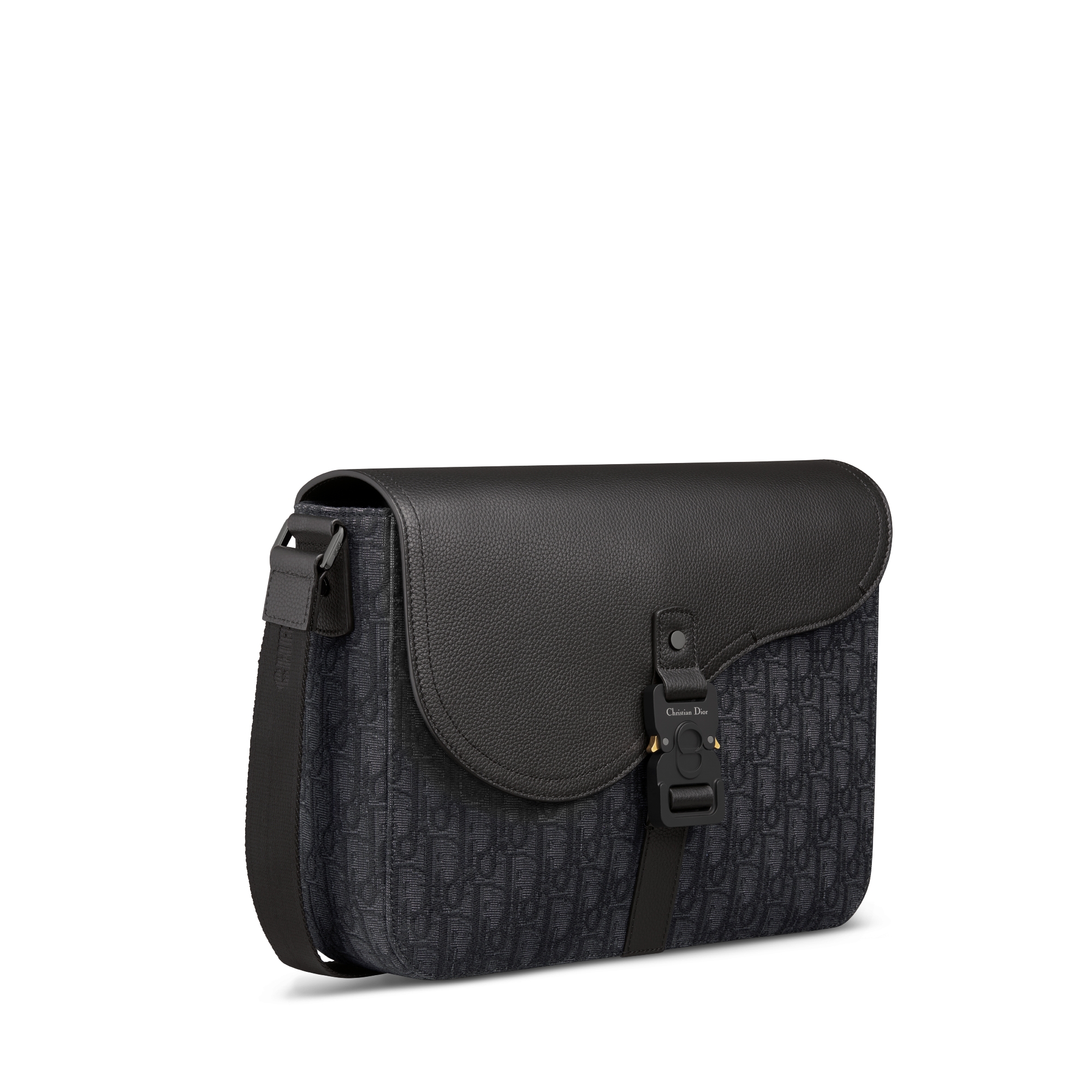 Saddle 中型翻蓋郵差包 黑色 Dior Oblique 緹花和黑色粒面小牛皮 E03