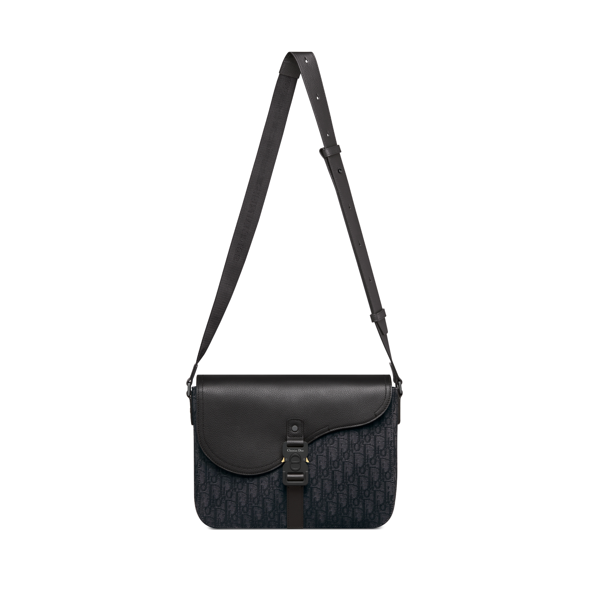 Saddle 中型翻蓋郵差包 黑色 Dior Oblique 緹花和黑色粒面小牛皮 E07