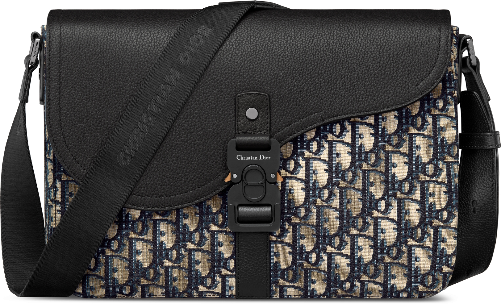 Saddle Messenger Bag with Flap Beige and Black Dior Oblique Jacquard with Black Grained Calfskin DIOR