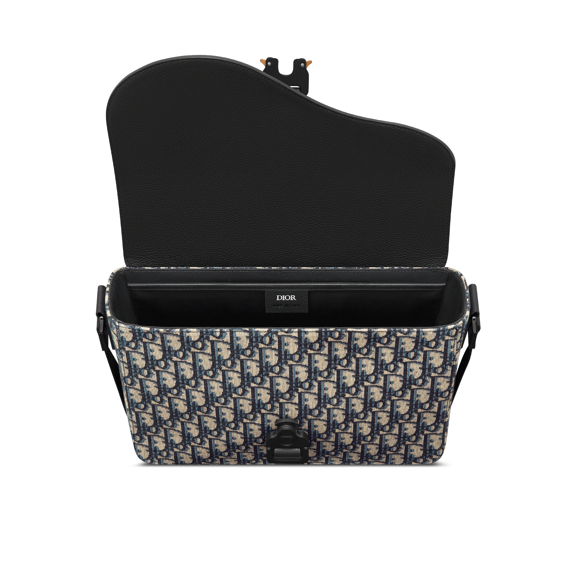 Middelgrote Saddle-schoudertas met flap Beige en zwarte Dior Oblique-jacquard met zwart generfd kalfsleer E06