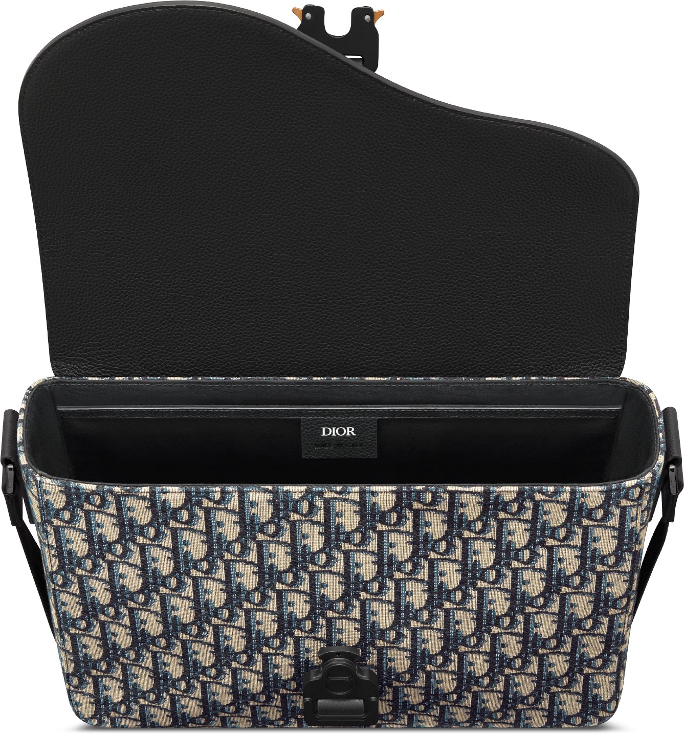 Saddle Messenger Bag with Flap Beige and Black Dior Oblique Jacquard with Black Grained Calfskin DIOR