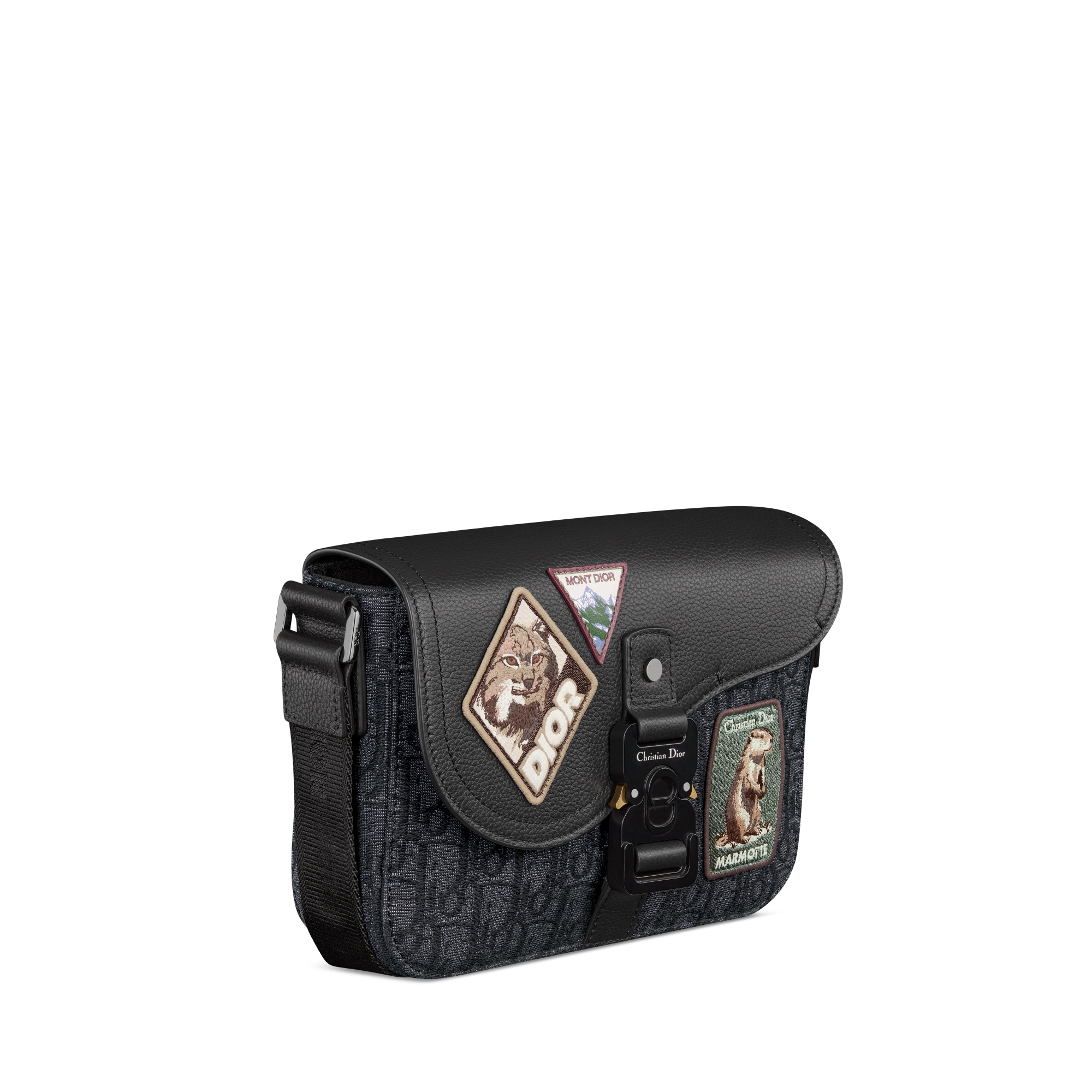 Kleine Saddle-schoudertas met flap Zwarte Dior Oblique-jacquard, zwart generfd kalfsleer en veelkleurige Dior Mountain-patches E03