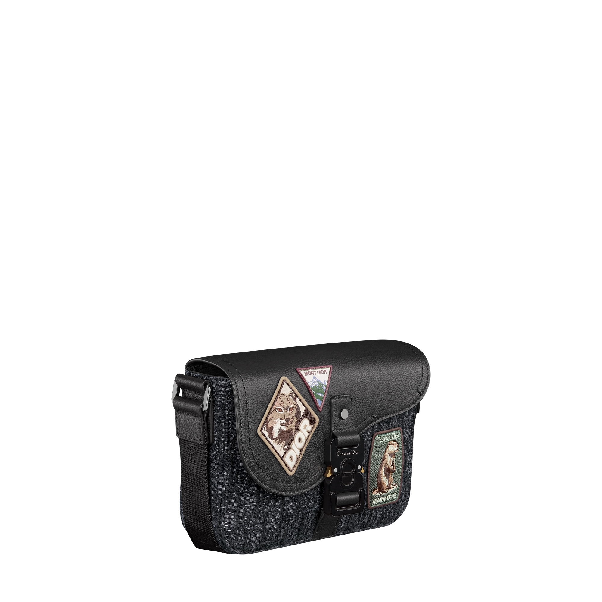 Small Saddle Messenger Bag with Flap Black Dior Oblique Jacquard, Black Grained Calfskin and Multicolor Dior Mountain Patches E03
