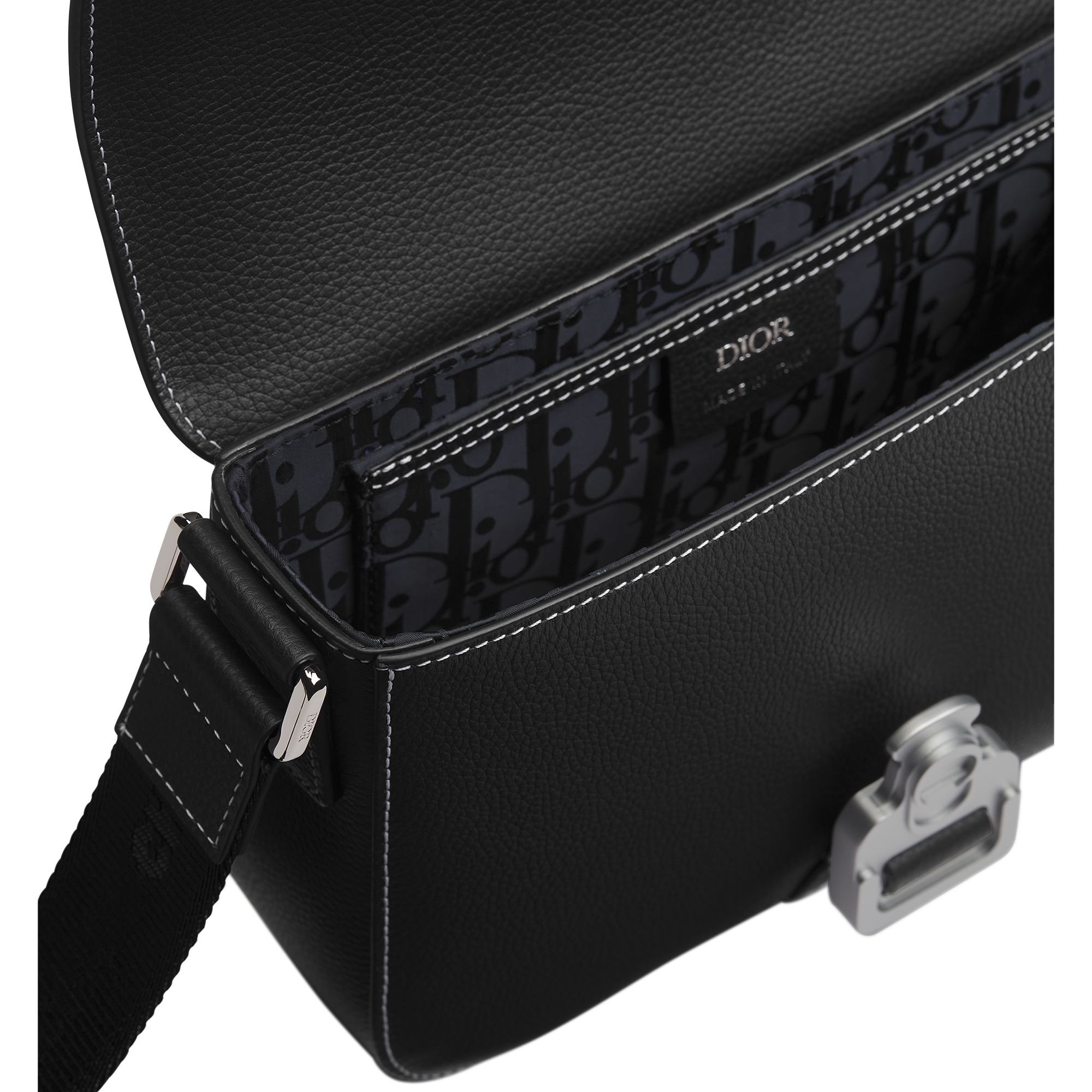 Small Saddle Messenger Bag with Flap Black Grained Calfskin E06