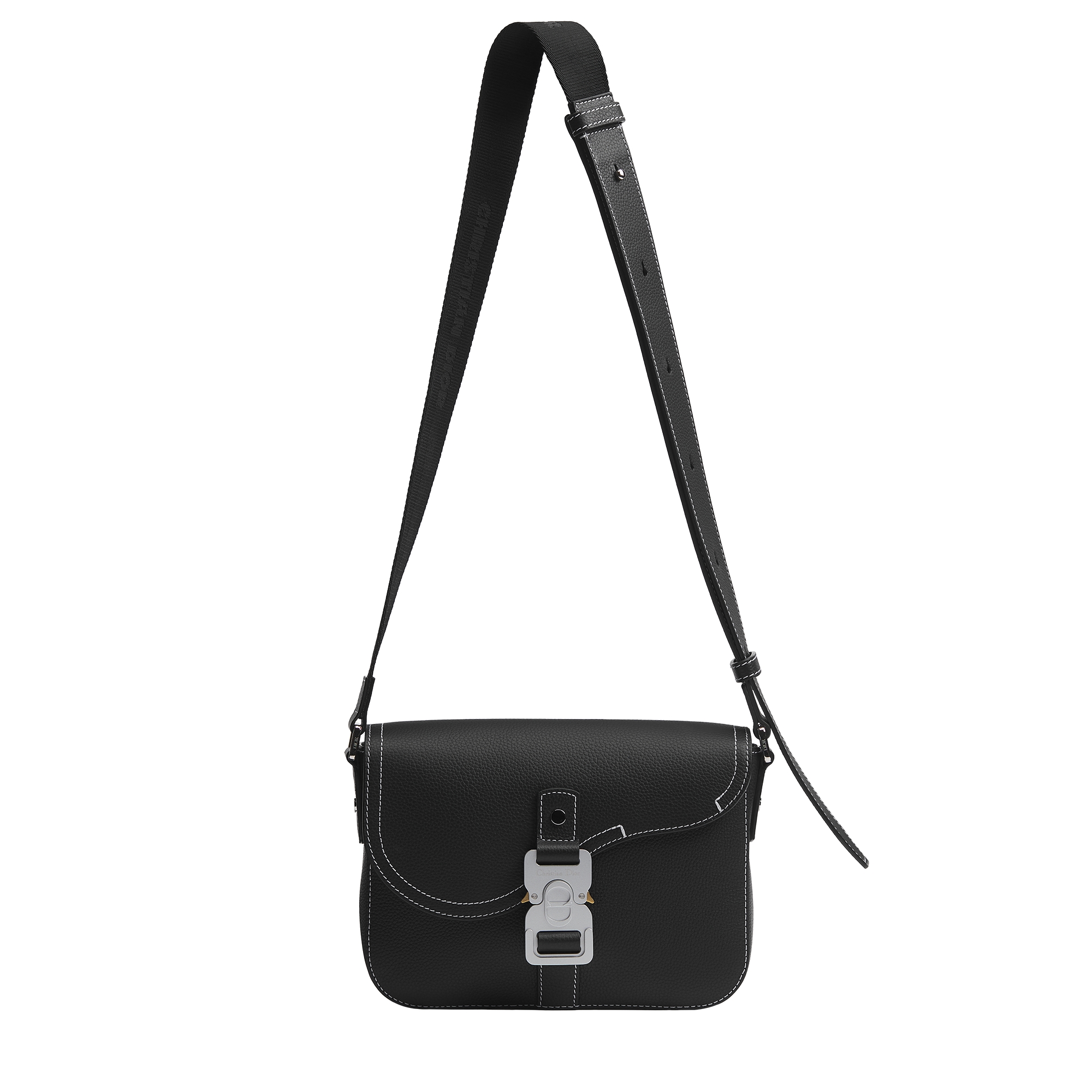 Small Saddle Messenger Bag with Flap Black Grained Calfskin E07