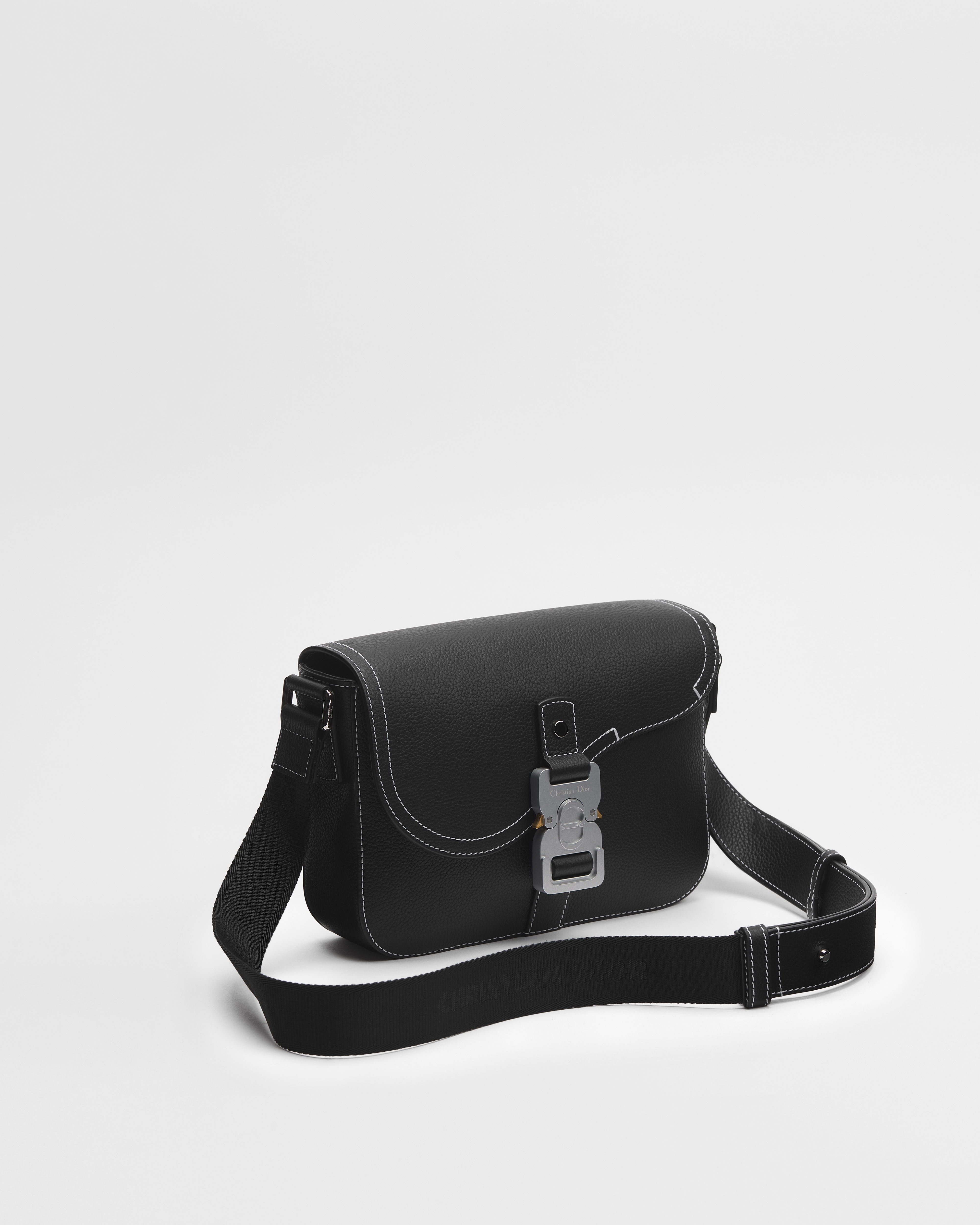 Small Saddle Messenger Bag with Flap Black Grained Calfskin E03