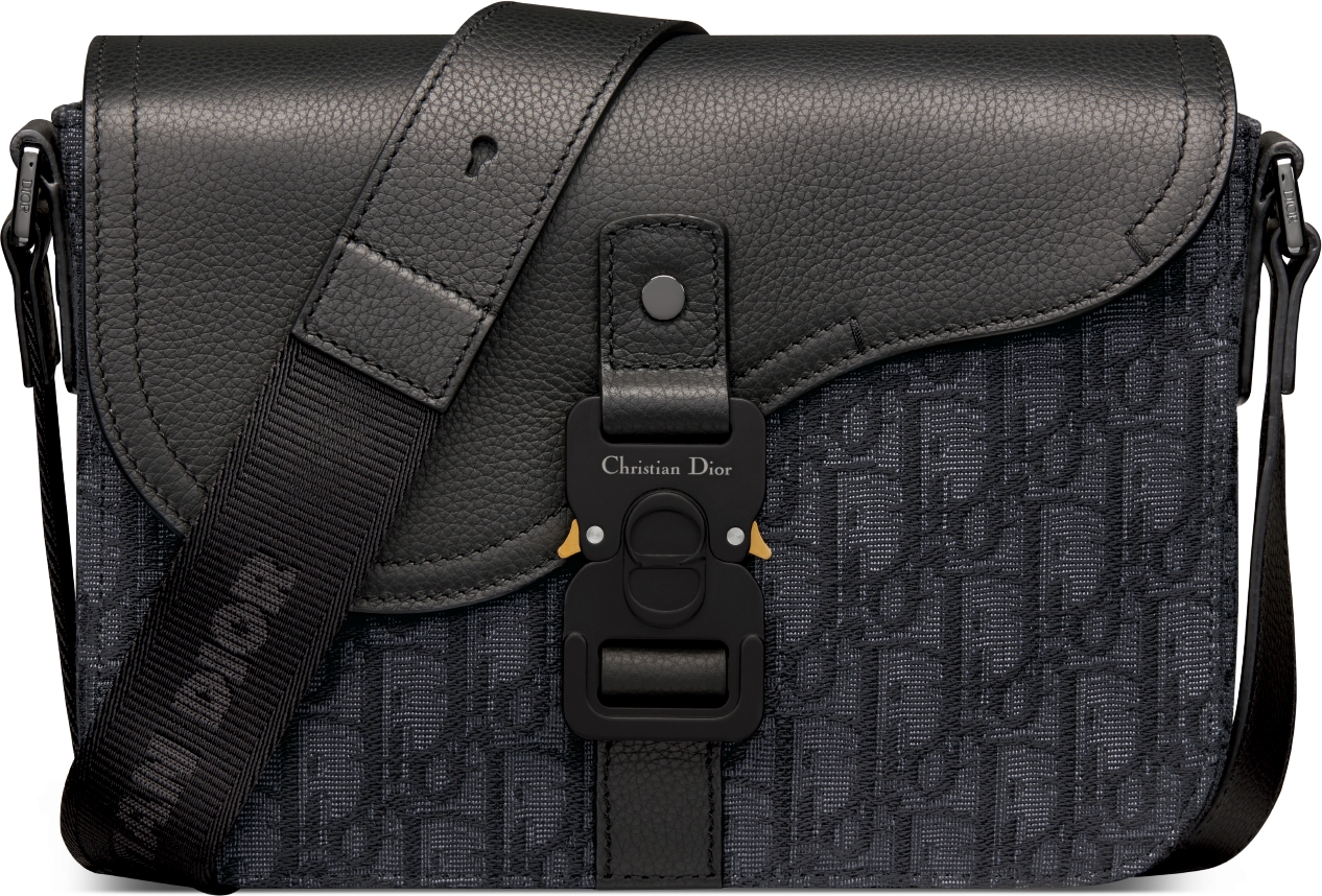 Mini Saddle Messenger Bag with Flap Black Dior Oblique Jacquard and Black Grained Calfskin DIOR