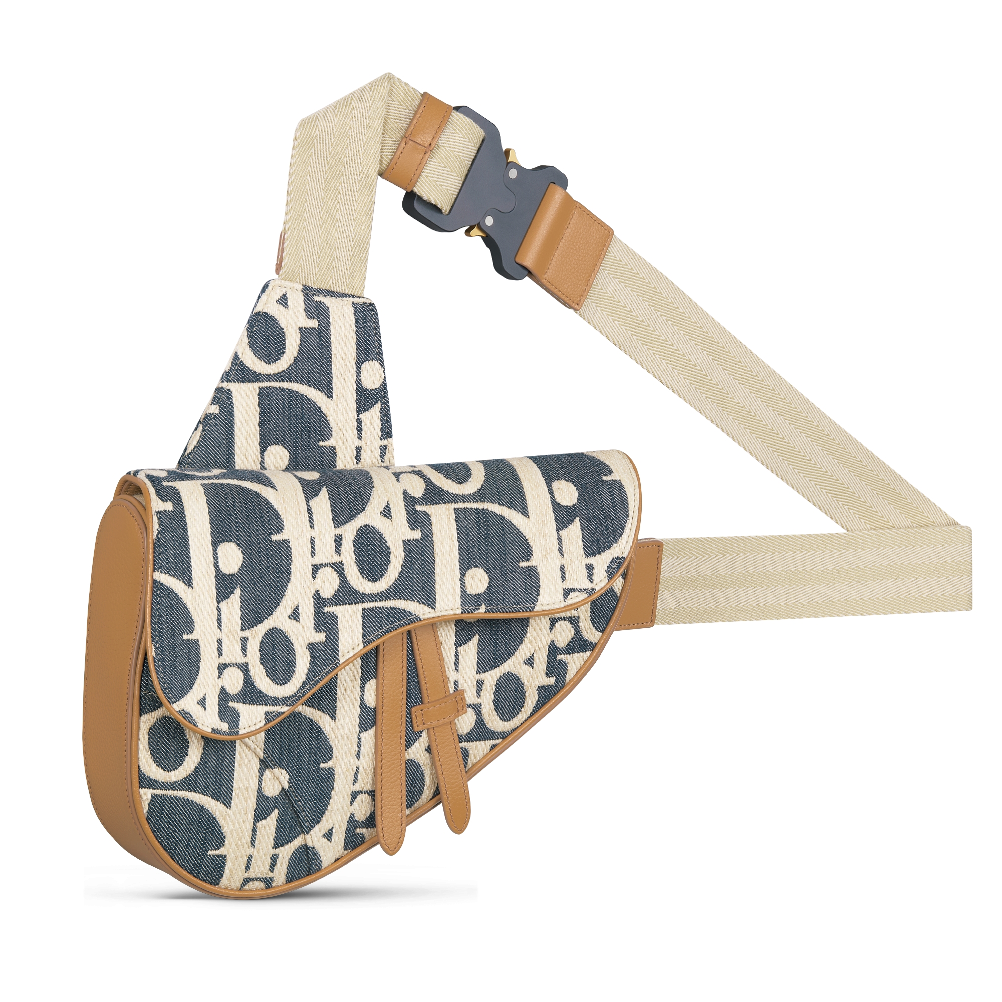 Borsa Saddle Denim Dior Oblique con effetto rafia blu e beige e pelle di vitello granulata marrone E03