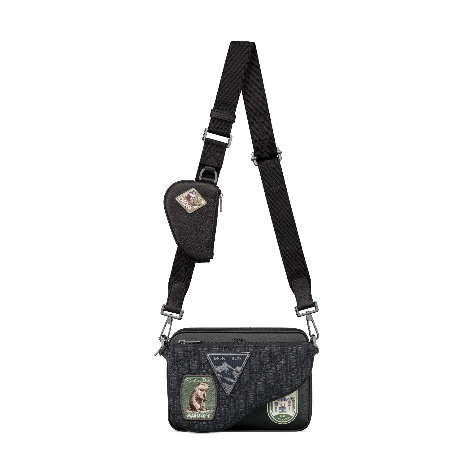 Saddle Triple-pouch Zwarte Dior Oblique-jacquard, zwart generfd kalfsleer en veelkleurige Dior Mountain-patches E07