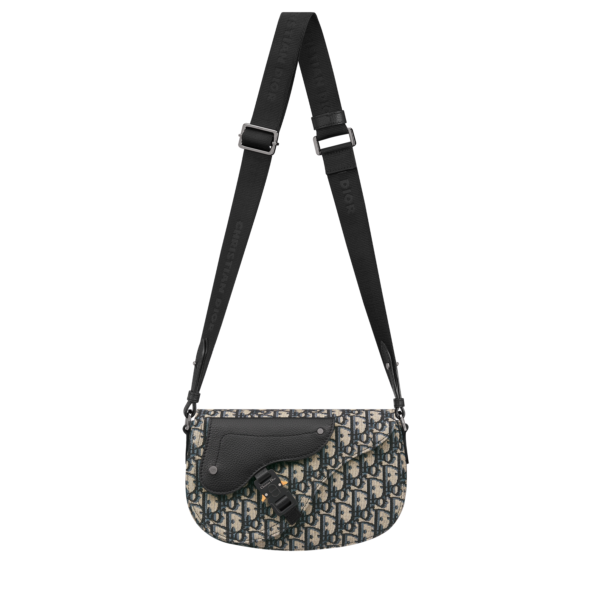 Saddle Messenger Bag Beige and Black Dior Oblique Jacquard with Black Grained Calfskin E07