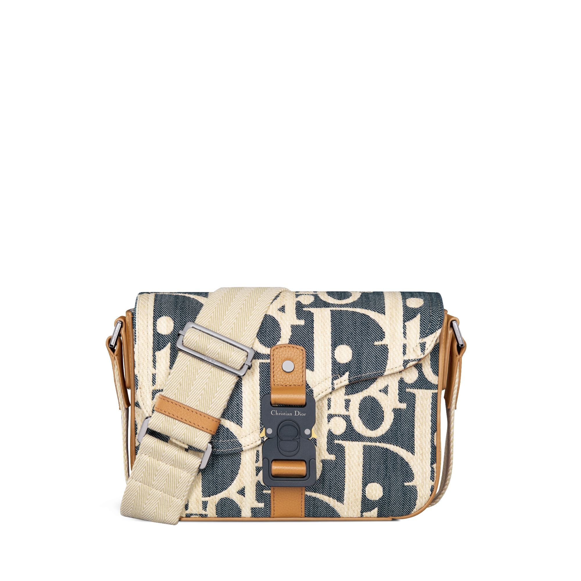 Bolsa messenger Saddle Denim Dior Oblique com efeito ráfia azul e bege com couro de vitelo granulado marrom E01