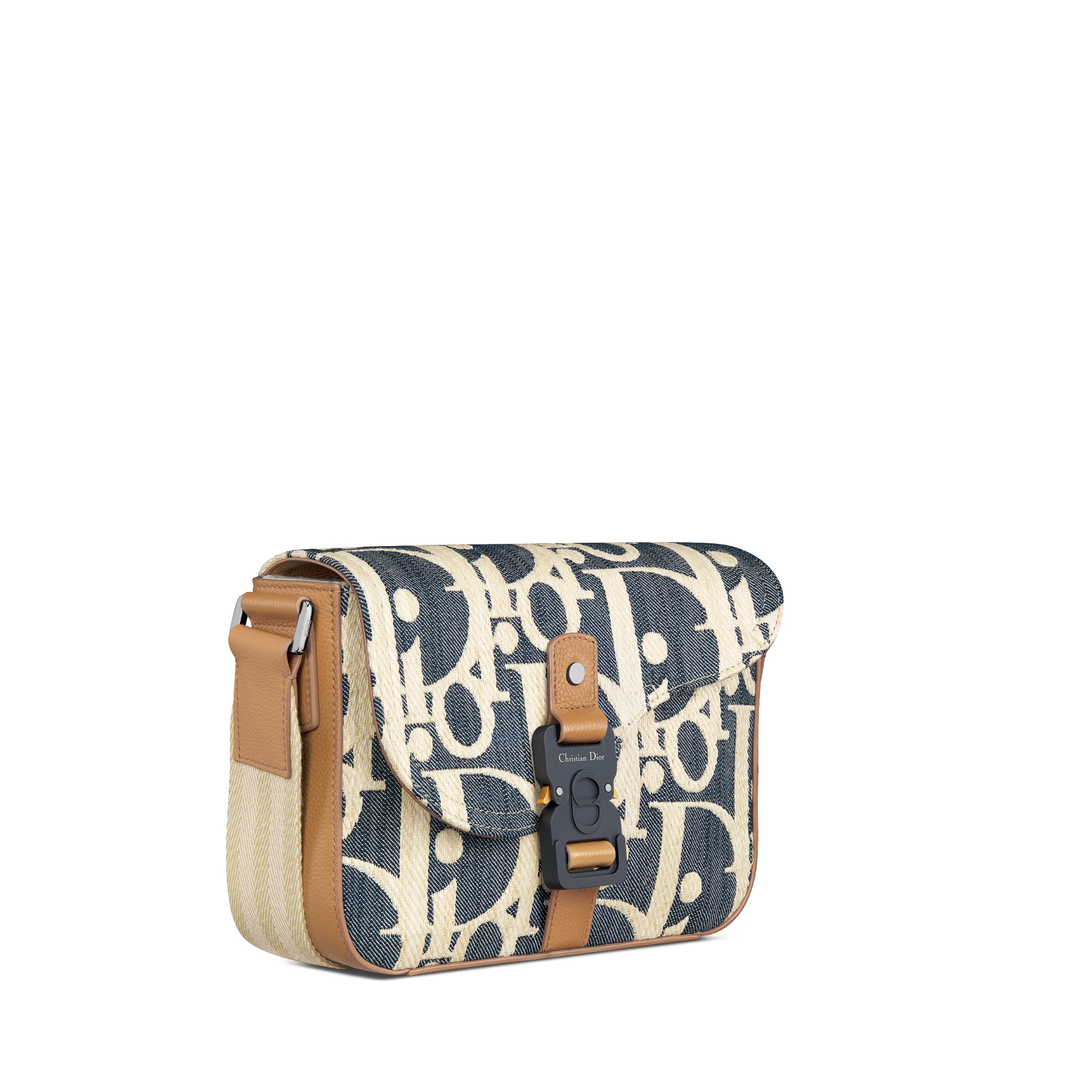 Borsa a tracolla Saddle Denim Dior Oblique con effetto rafia blu e beige e pelle di vitello granulata marrone E03