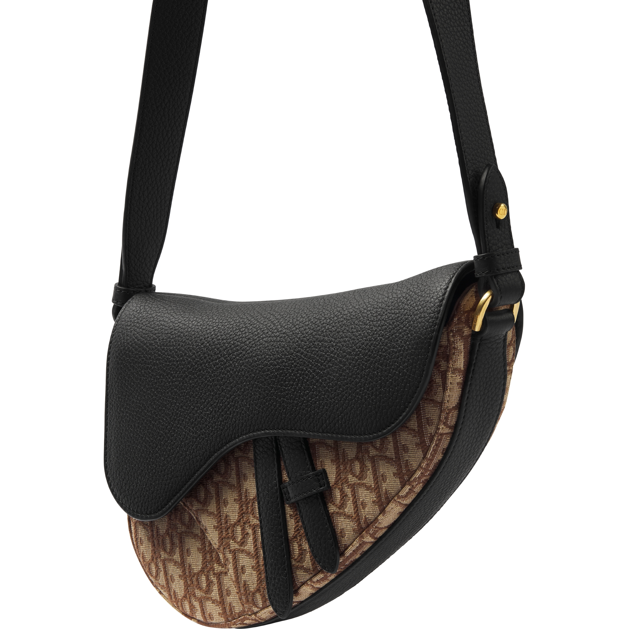 Saddle Bag Black Grained Taurillon Leather and Brown Dior Oblique Jacquard E05