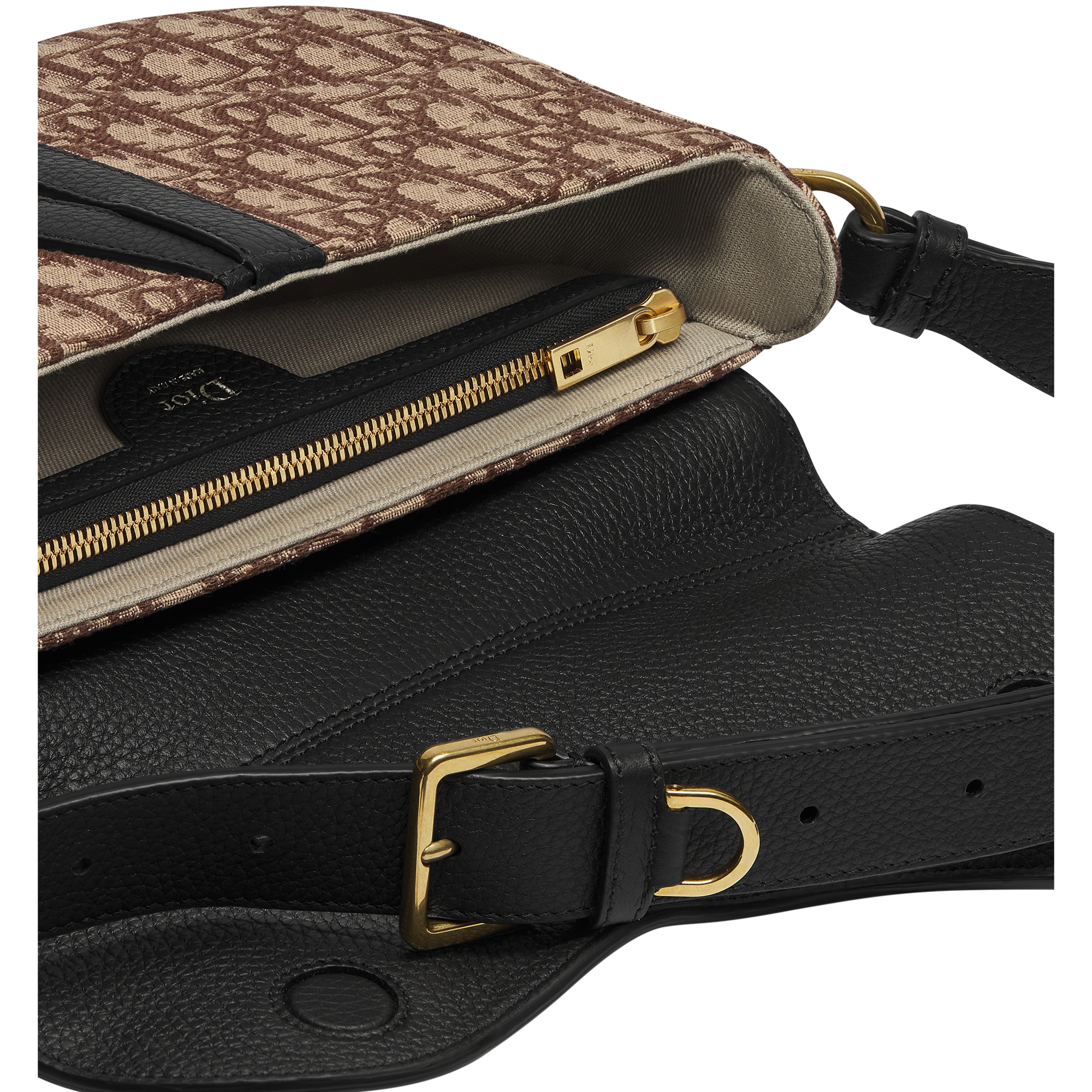 Saddle Bag Black Grained Taurillon Leather and Brown Dior Oblique Jacquard E06