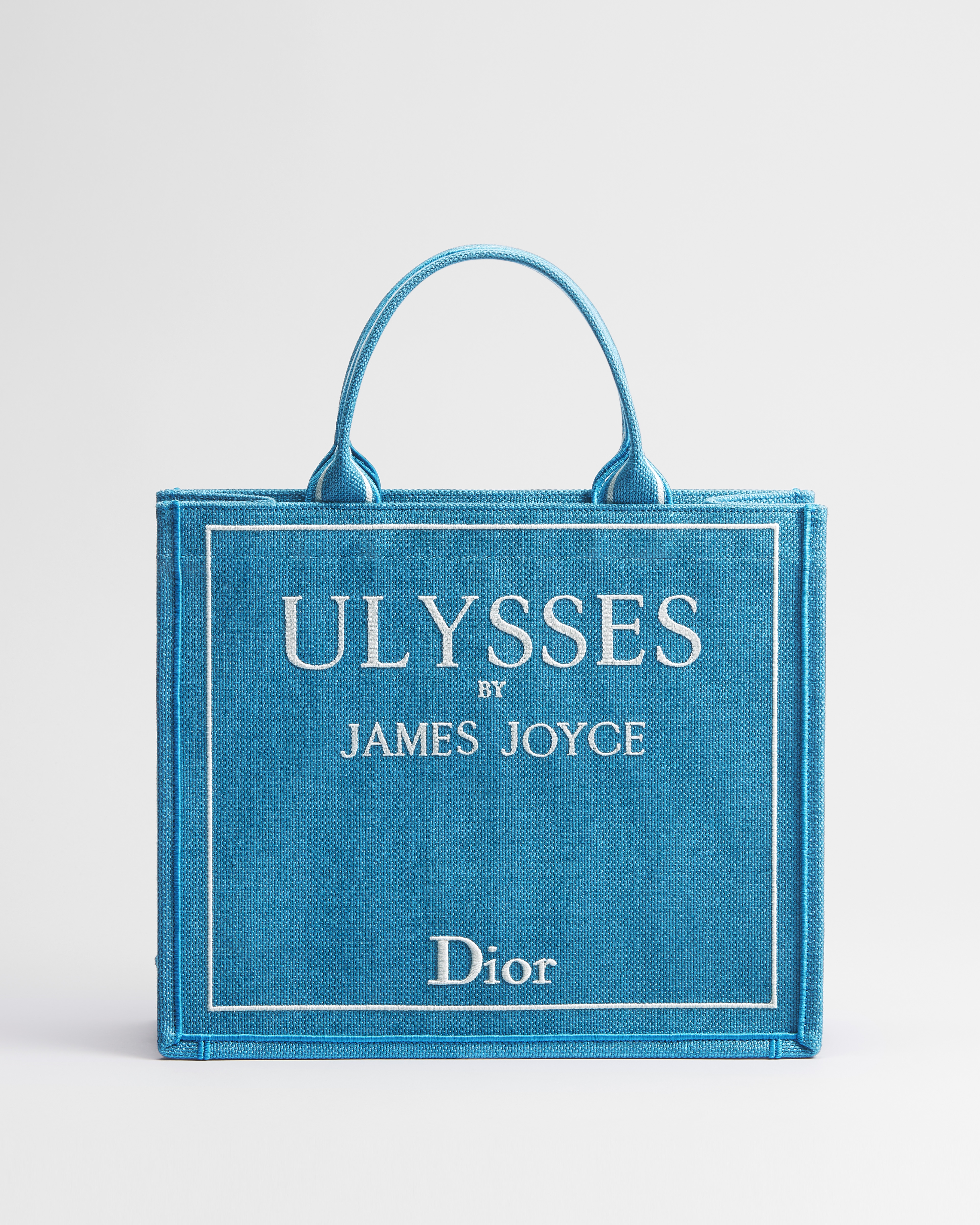 Mittelgroße Dior Book Tote mit Riemen Book Cover-Stickerei in Hellblau und Weiß (36 x 31,5 x 14 cm) E01