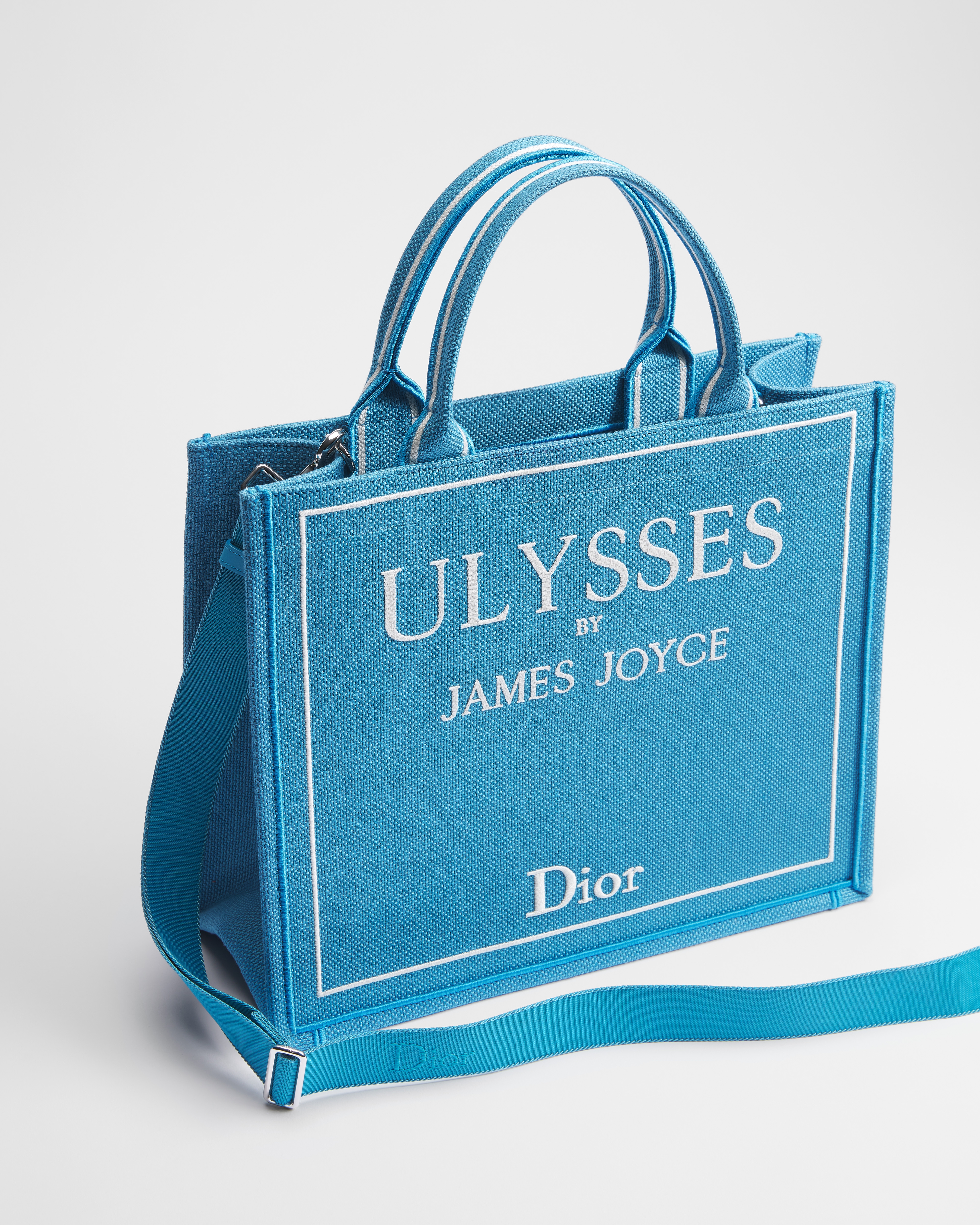 Mittelgroße Dior Book Tote mit Riemen Book Cover-Stickerei in Hellblau und Weiß (36 x 31,5 x 14 cm) E03