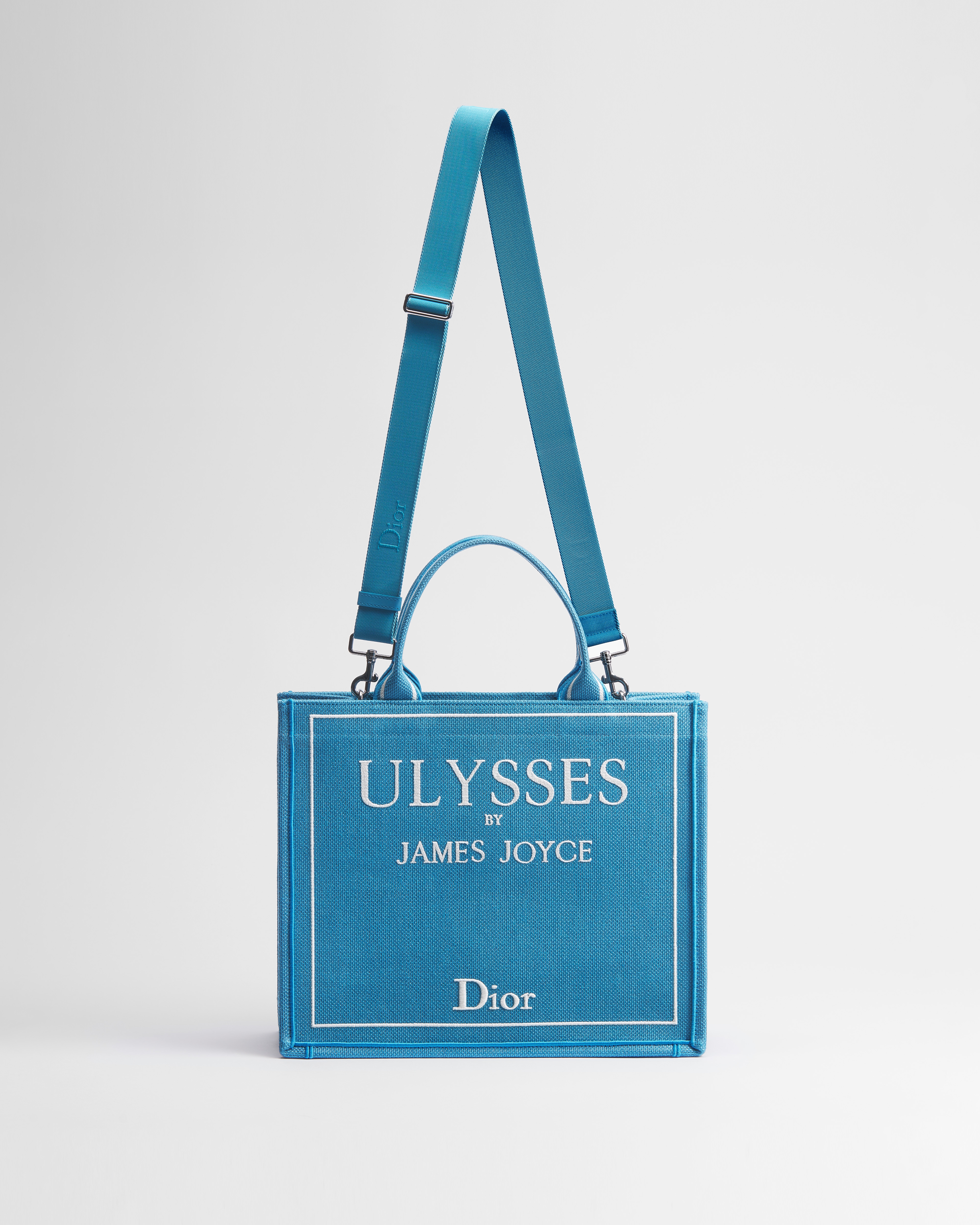 Mittelgroße Dior Book Tote mit Riemen Book Cover-Stickerei in Hellblau und Weiß (36 x 31,5 x 14 cm) E07