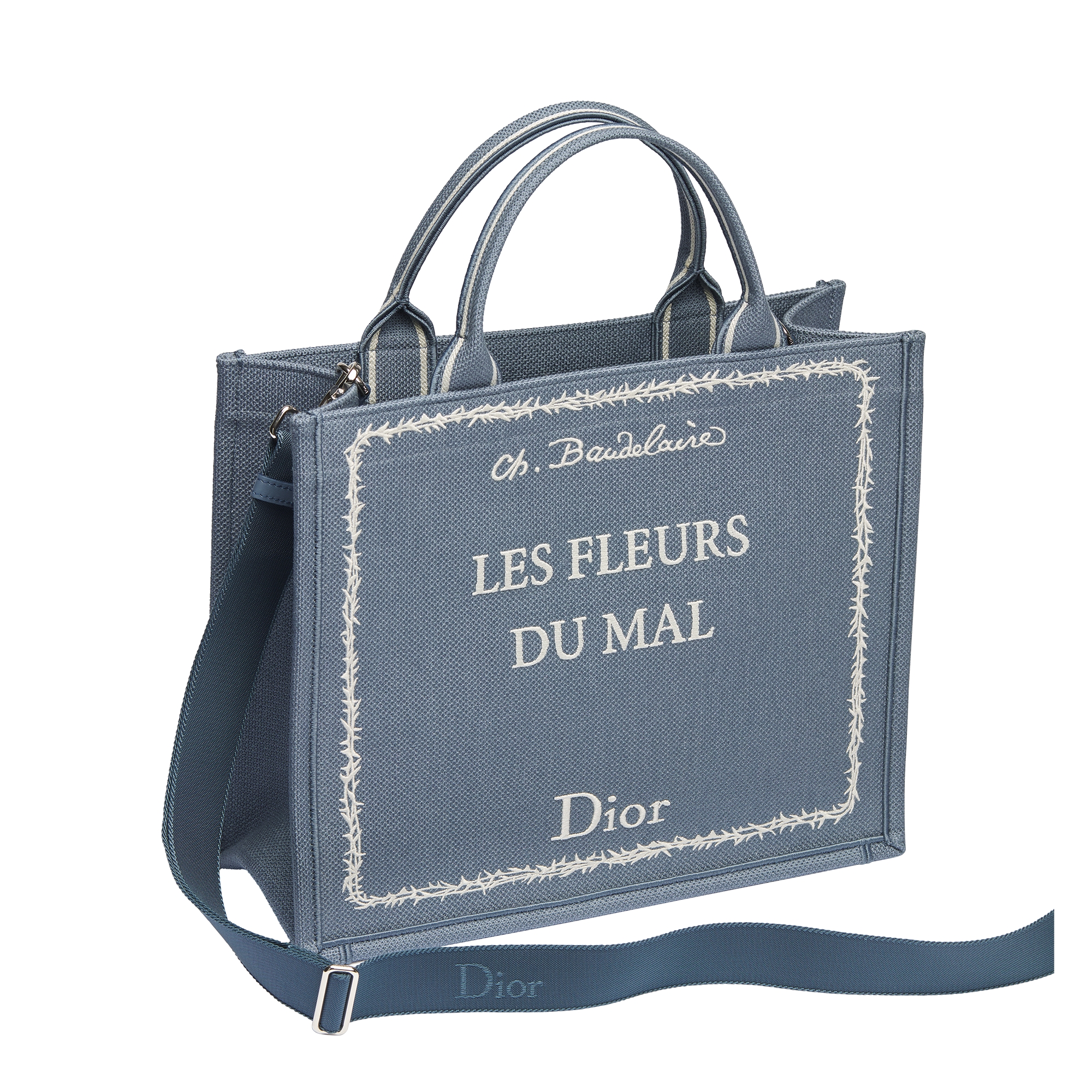 Medium Dior Book Tote with Strap Blue and White Book Cover Embroidery (36 x 31.5 x 14 cm) E03