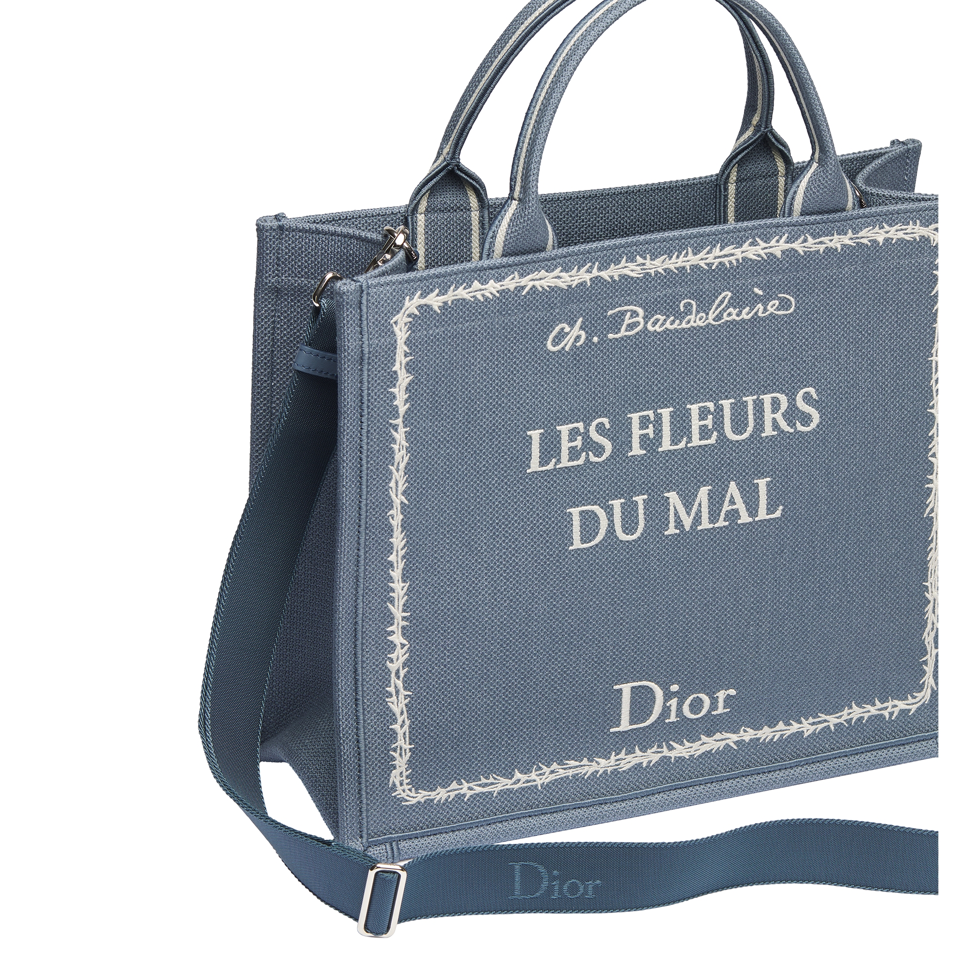 Medium Dior Book Tote with Strap Blue and White Book Cover Embroidery (36 x 31.5 x 14 cm) E03