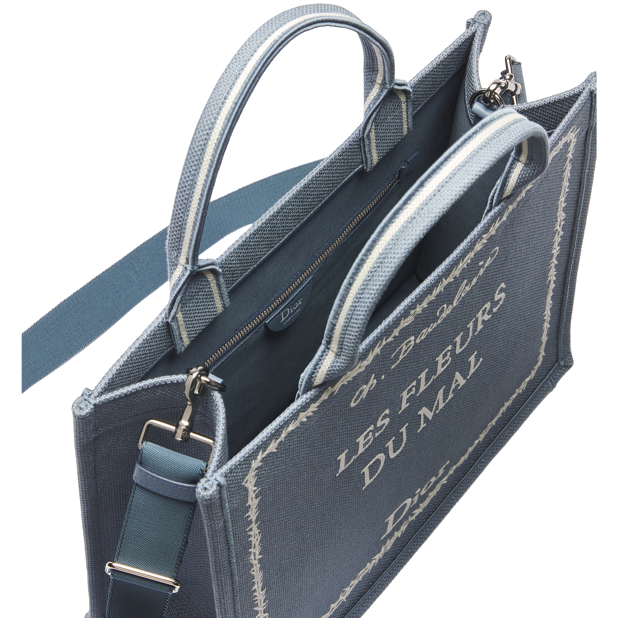 Medium Dior Book Tote with Strap Blue and White Book Cover Embroidery (36 x 31.5 x 14 cm) E06