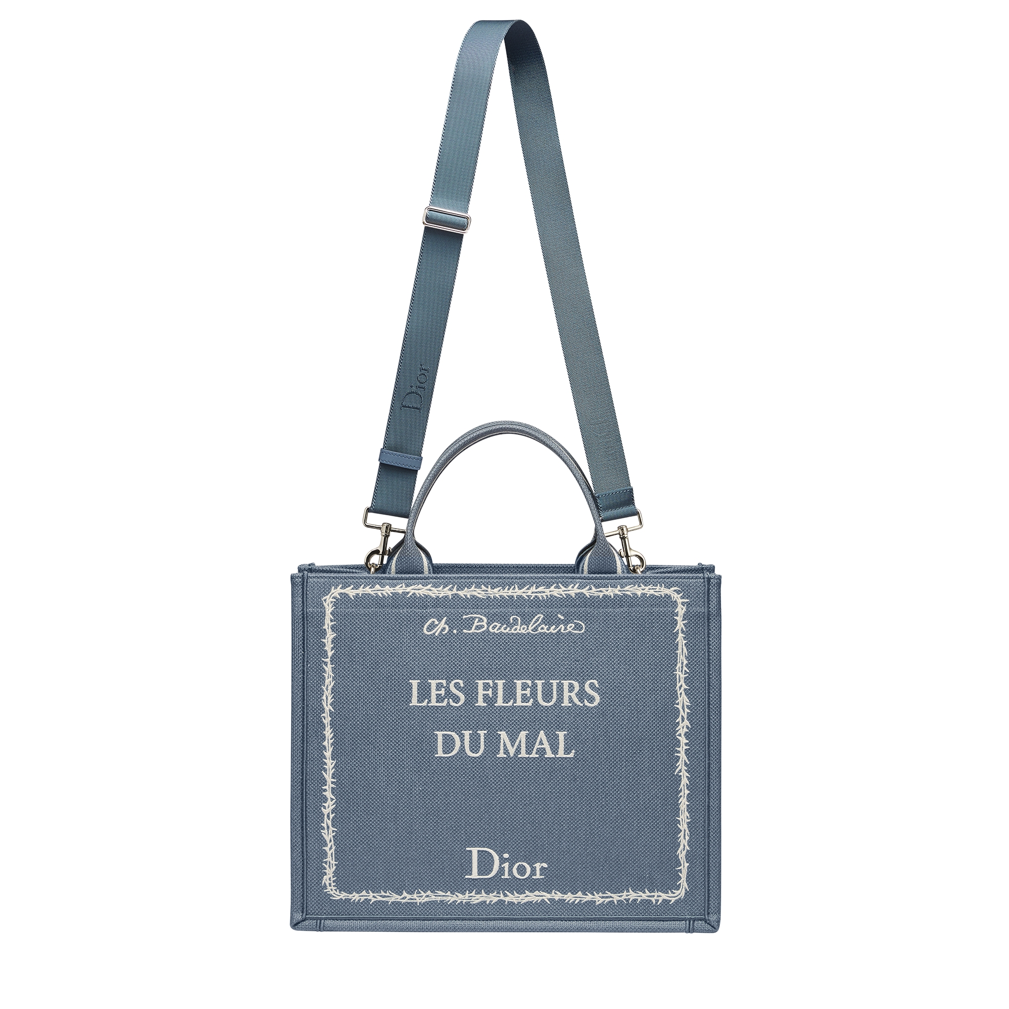 Medium Dior Book Tote with Strap Blue and White Book Cover Embroidery (36 x 31.5 x 14 cm) E07