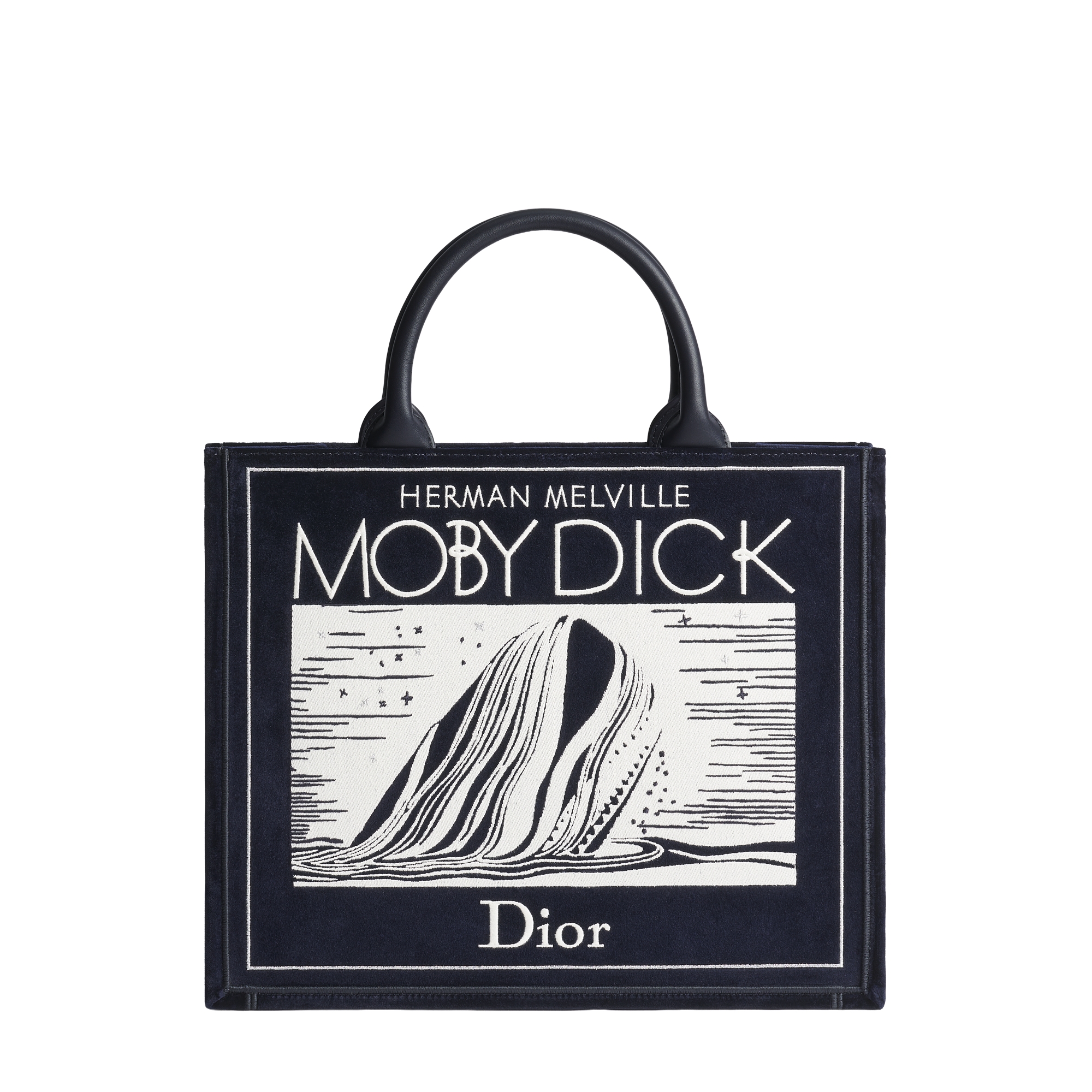 Medium Dior Book Tote with Strap Navy Blue Velvet with Ecru and Silver-Tone Book Cover Embroidery (36 x 31.5 x 14 cm) E01