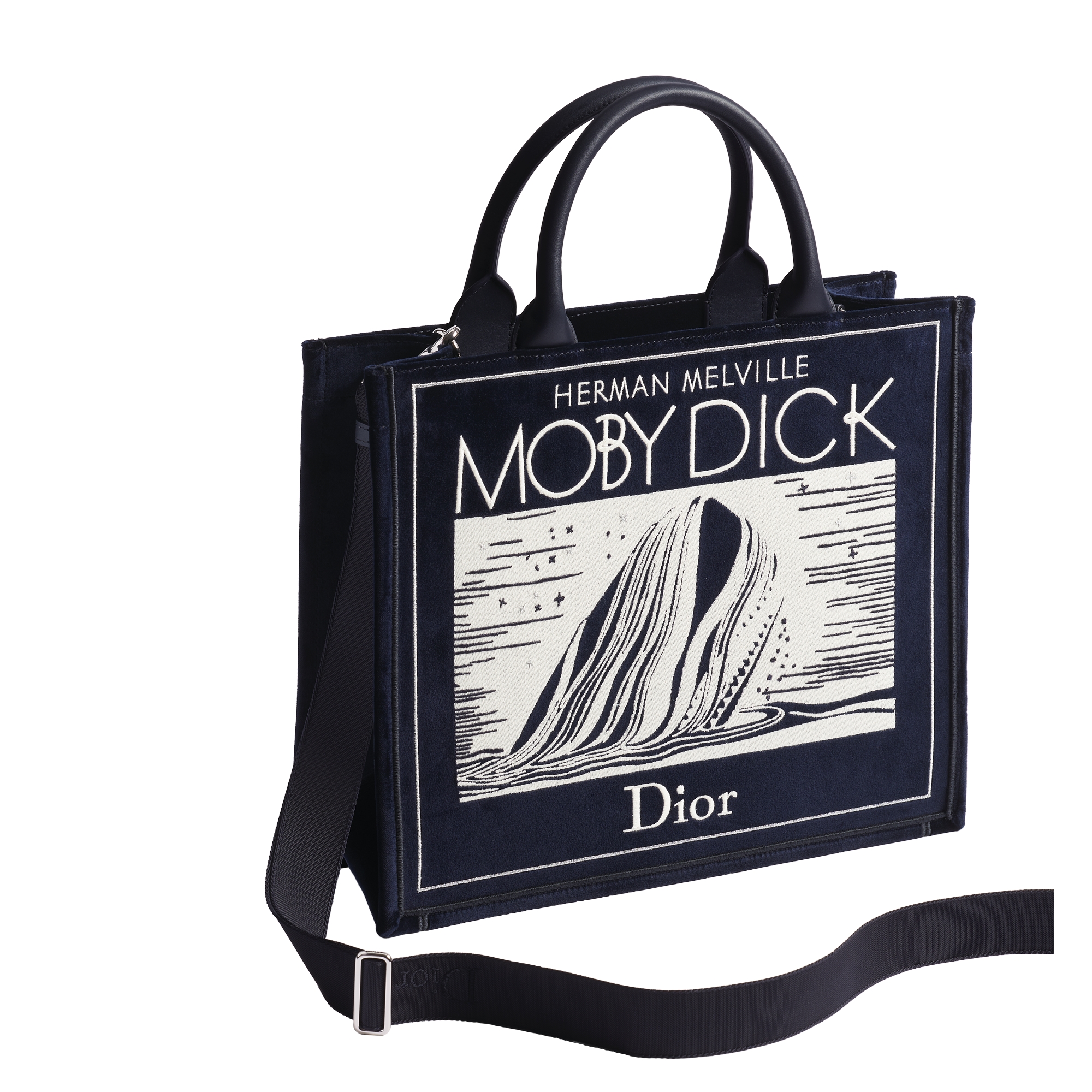 Medium Dior Book Tote with Strap Navy Blue Velvet with Ecru and Silver-Tone Book Cover Embroidery (36 x 31.5 x 14 cm) E03