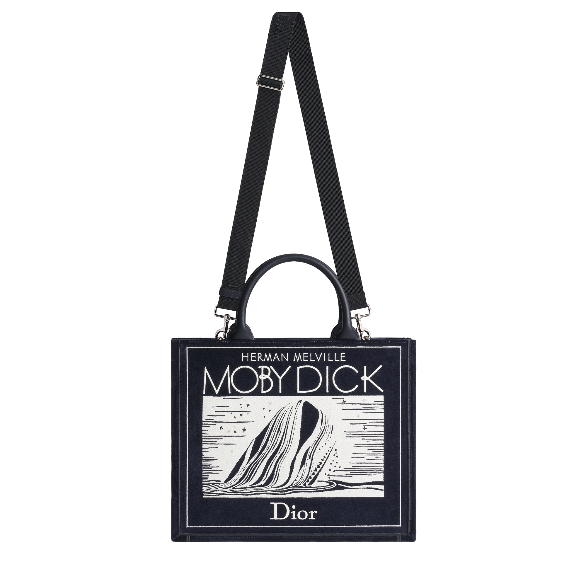 Medium Dior Book Tote with Strap Navy Blue Velvet with Ecru and Silver-Tone Book Cover Embroidery (36 x 31.5 x 14 cm) E07