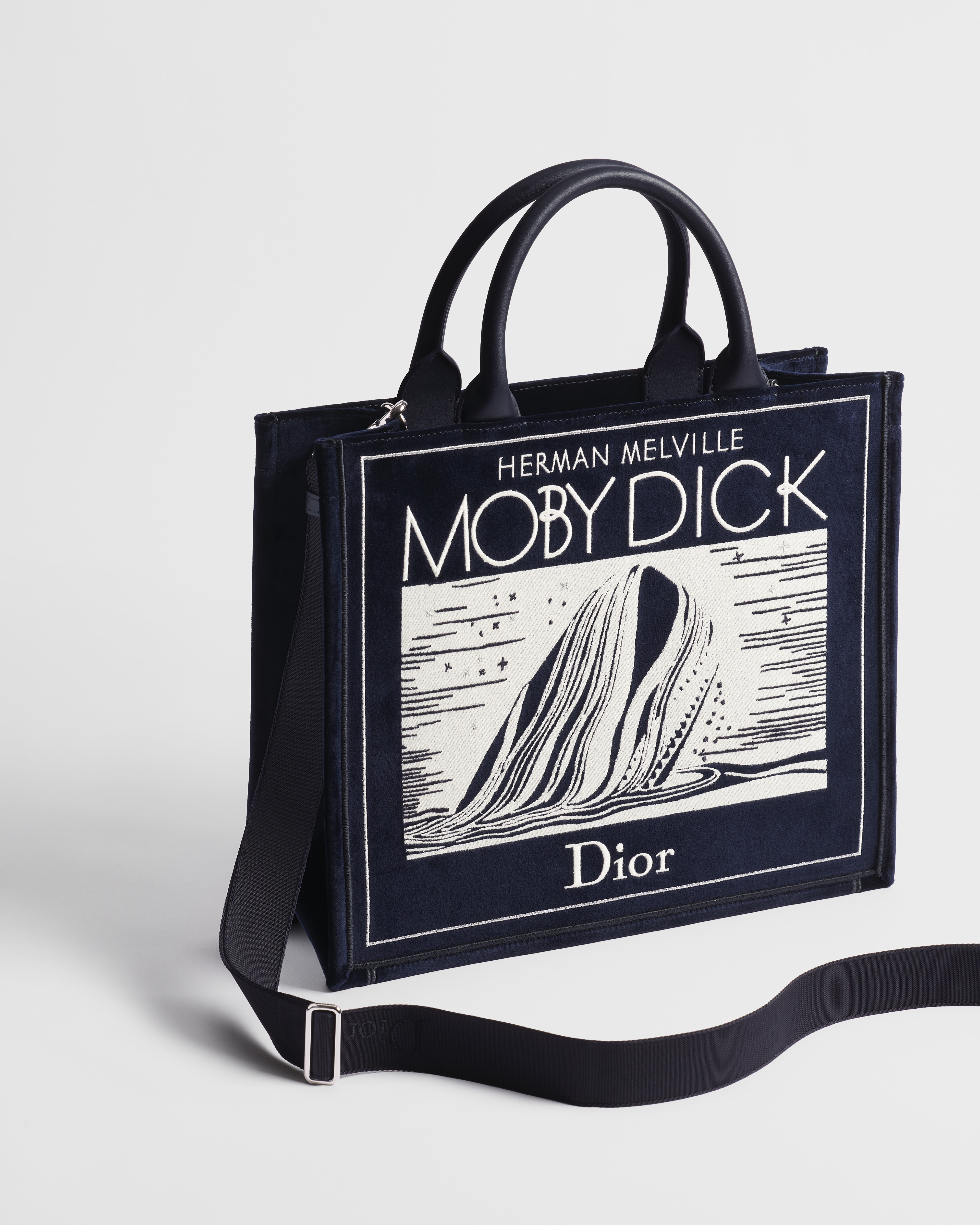 Medium Dior Book Tote with Strap Navy Blue Velvet with Ecru and Silver-Tone Book Cover Embroidery (36 x 31.5 x 14 cm) E03