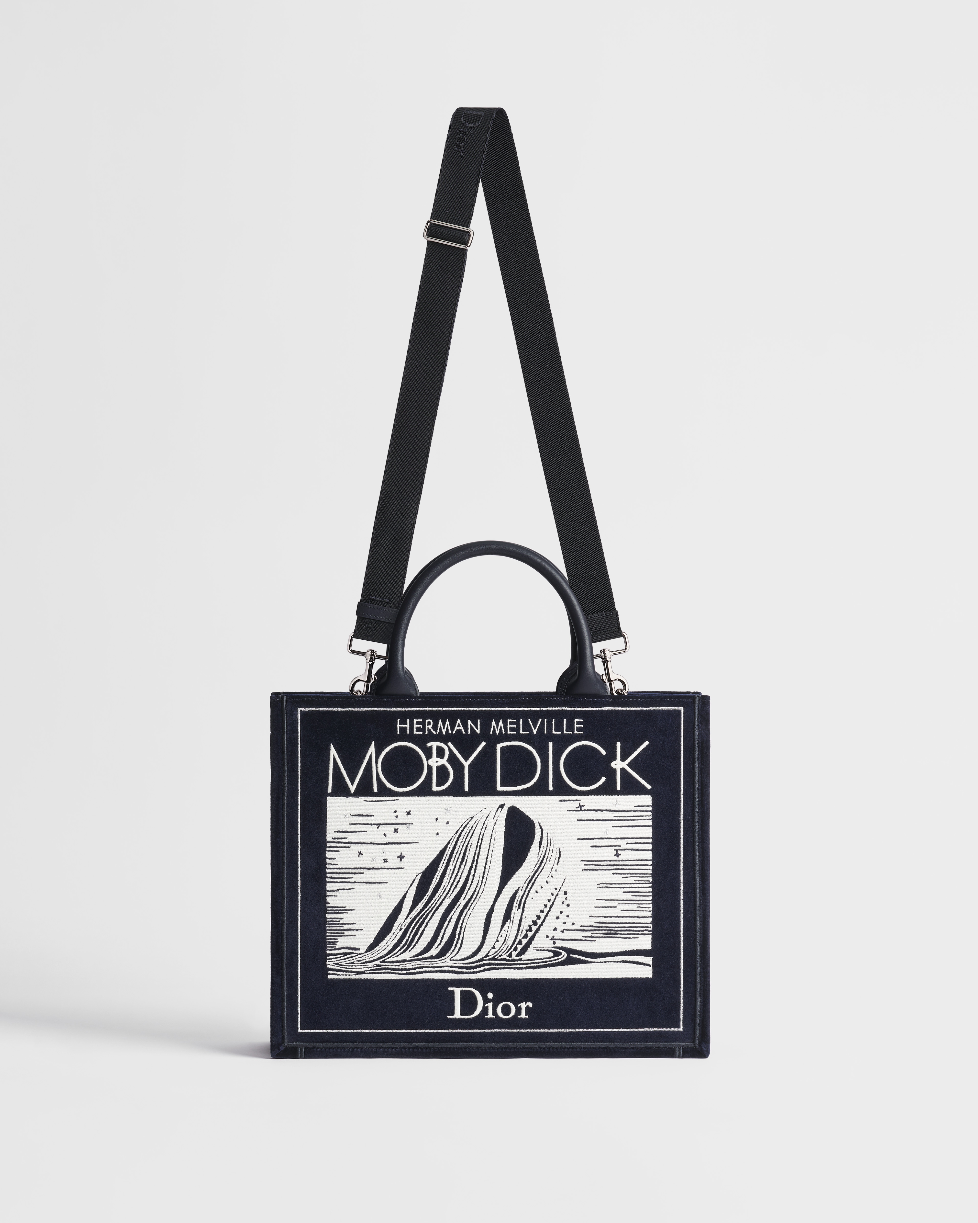 Medium Dior Book Tote with Strap Navy Blue Velvet with Ecru and Silver-Tone Book Cover Embroidery (36 x 31.5 x 14 cm) E07