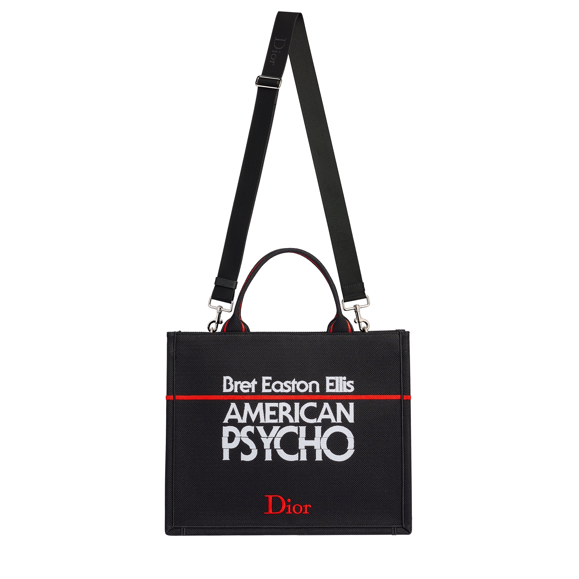 Medium Dior Book Tote with Strap Black, White and Red Book Cover Embroidery (36 x 31.5 x 14 cm) E07