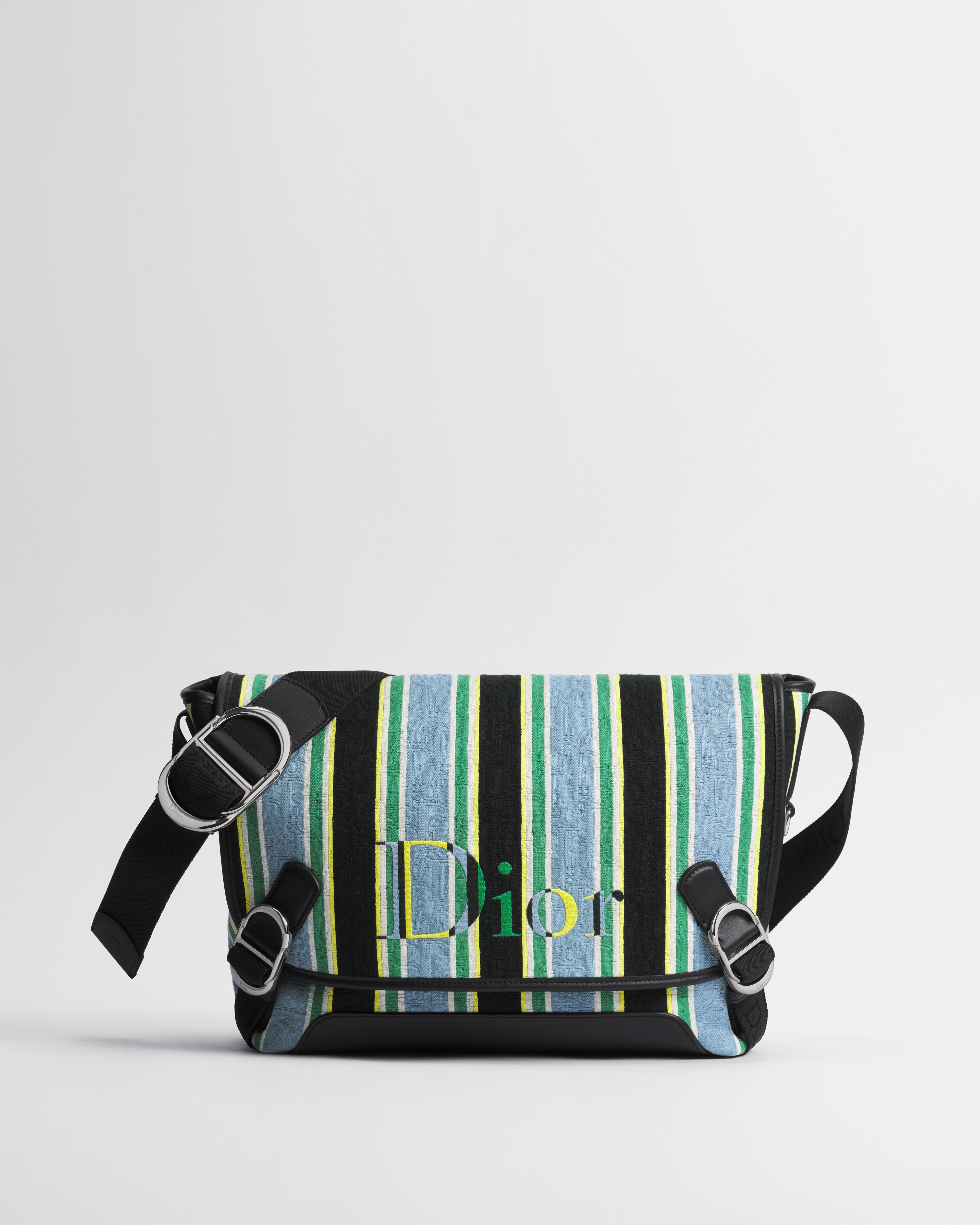 Sac Messenger à rabat Dior Jett Medium Dioriviera Toile jacquard Dior Oblique Sun Stripes bleu et vert E01