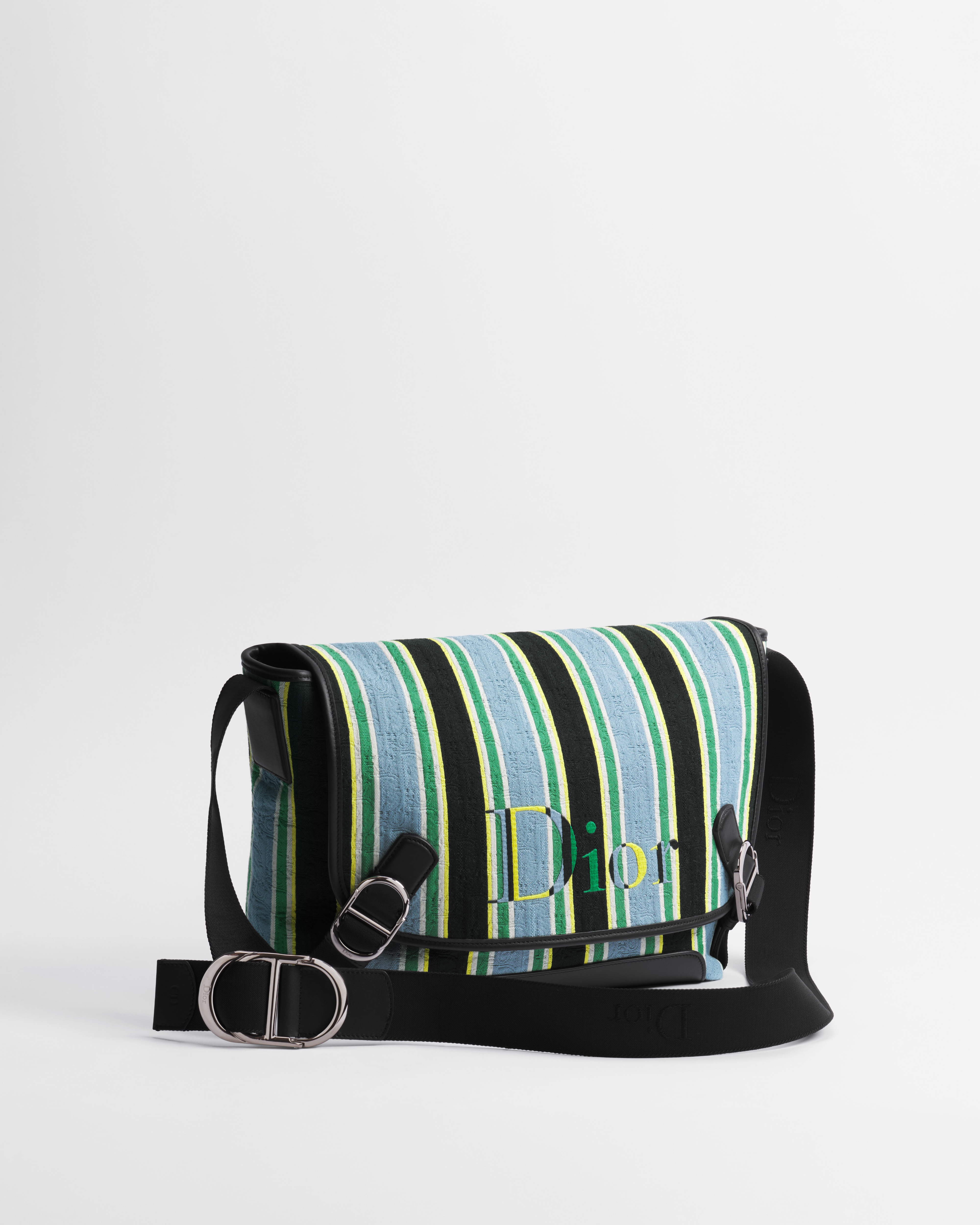 Bolsa messenger Dioriviera Dior Jett média com aba Jacquard Dior Oblique Sun Stripes azul e verde E03