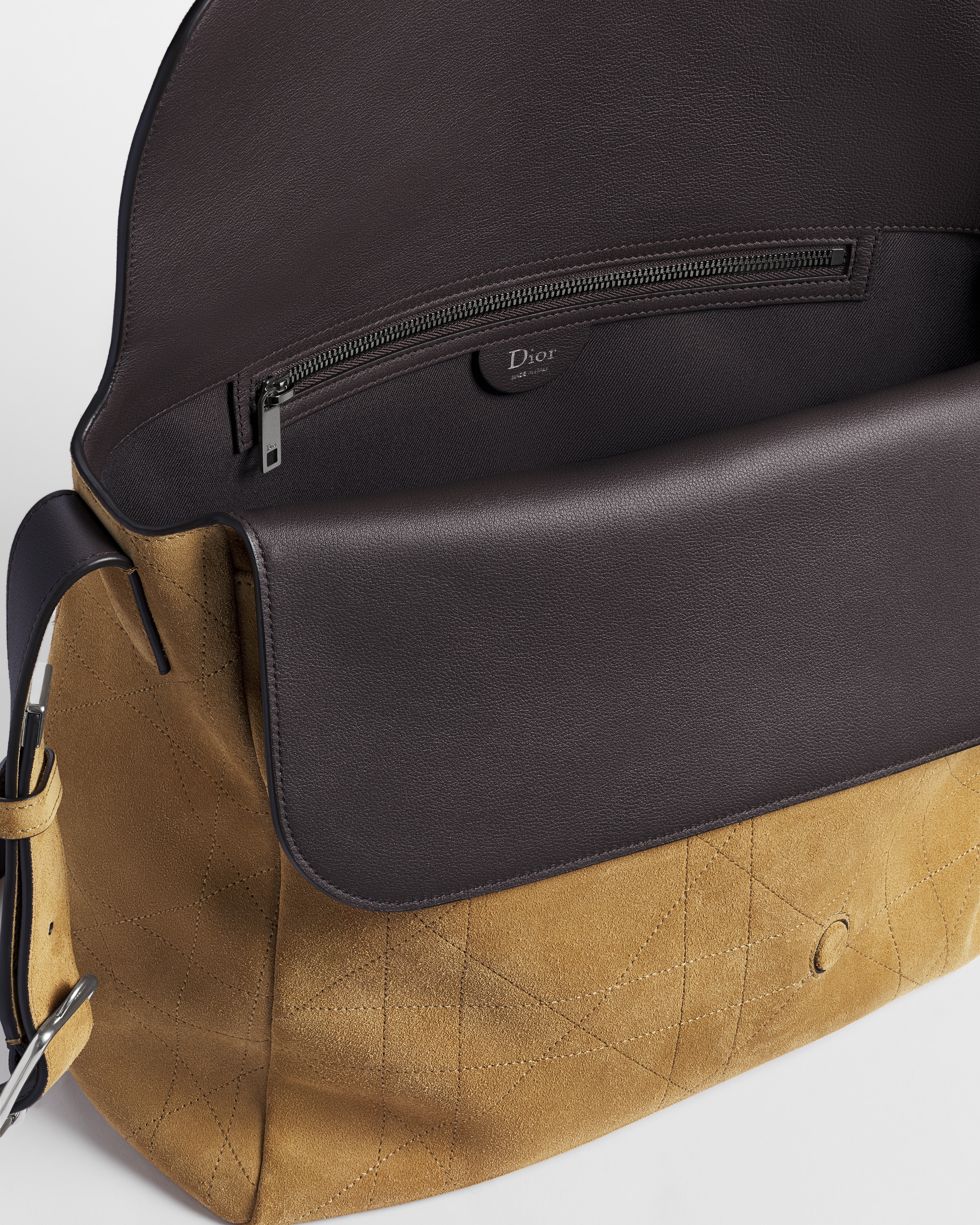 Large Dior Double-Up Messenger Bag with Flap Tan Cannage Suede Calfskin and Warm Taupe Grained Calfskin E06