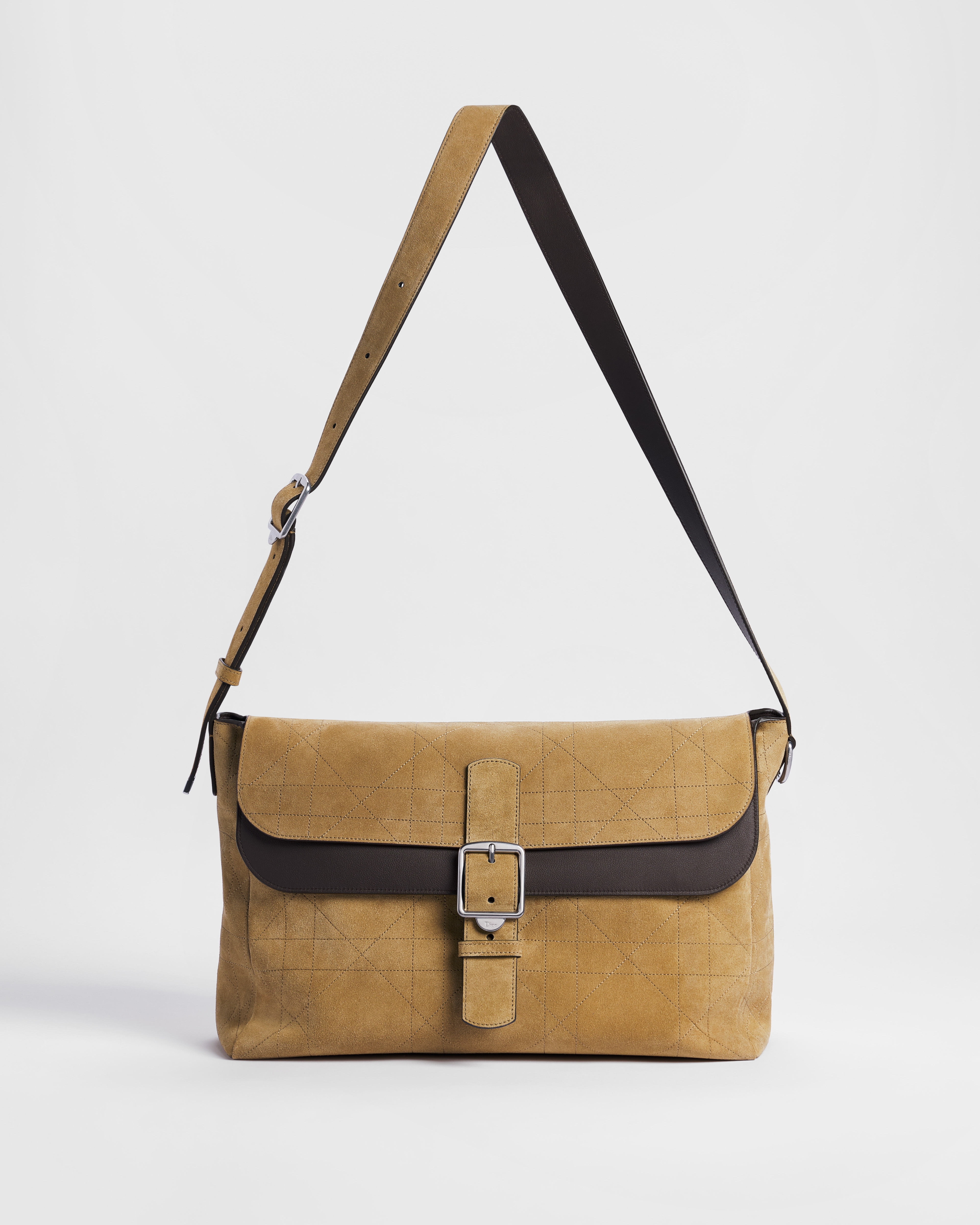 Large Dior Double-Up Messenger Bag with Flap Tan Cannage Suede Calfskin and Warm Taupe Grained Calfskin E07
