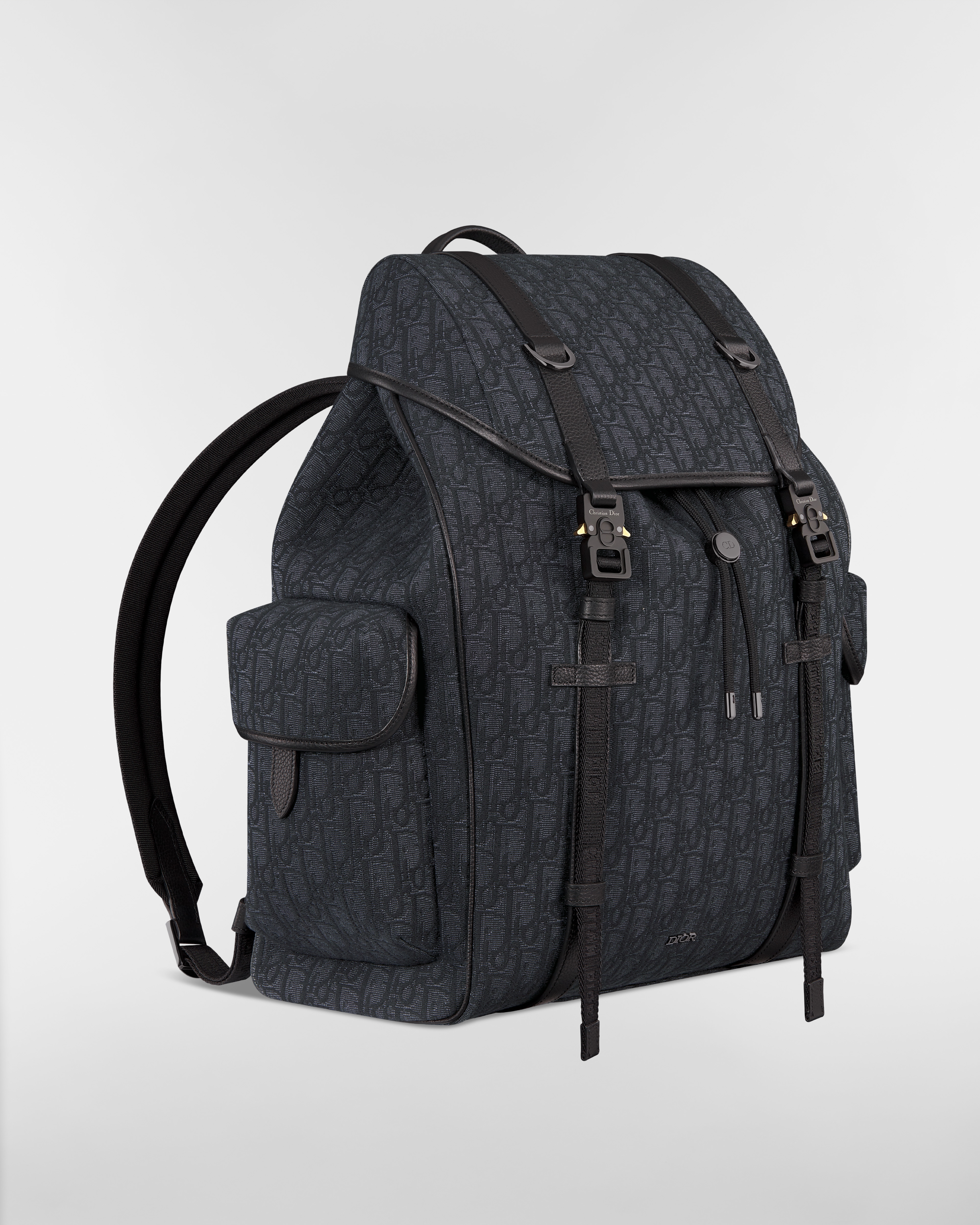 Dior Hit the Road 플랩 백팩 블랙 Dior Oblique 자카드 & 블랙 그레인 송아지 가죽 E03