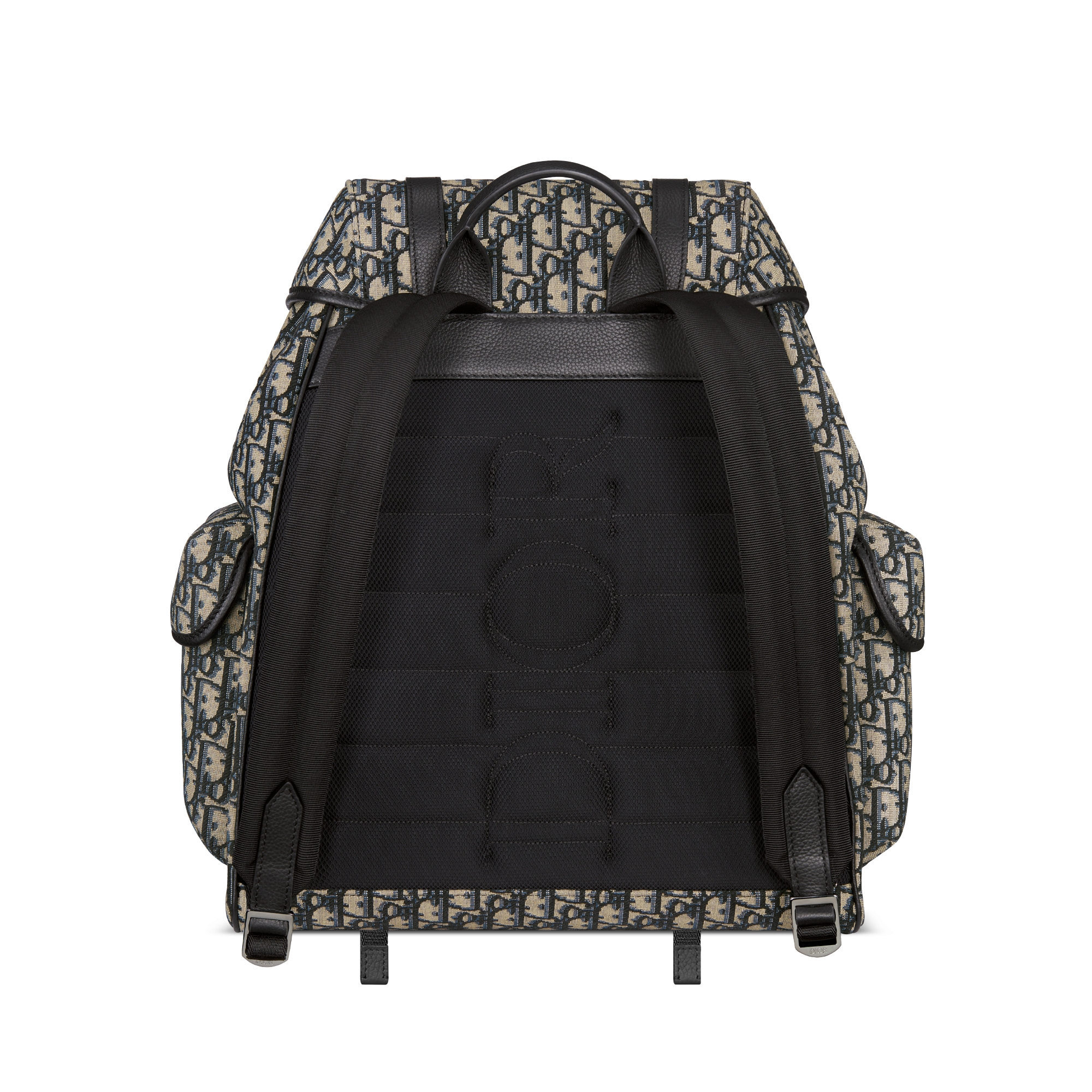 Dior Hit The Road-rugzak met flap Beige en zwarte Dior Oblique-jacquard met zwart generfd kalfsleer E08