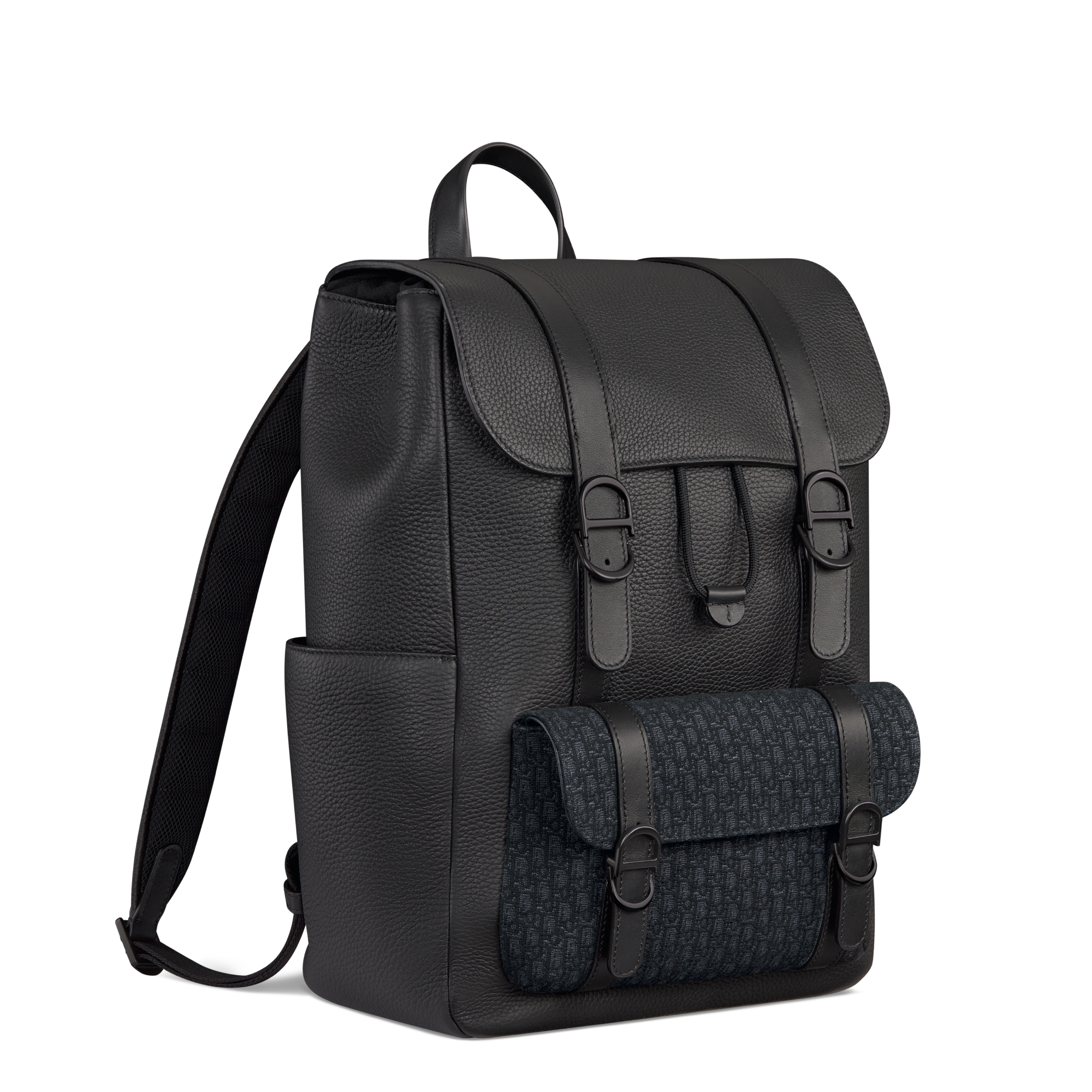 Dior Daily 翻蓋後背包 黑色粒面小牛皮、黑色小公牛皮和黑色迷你 Dior Oblique 緹花 E03