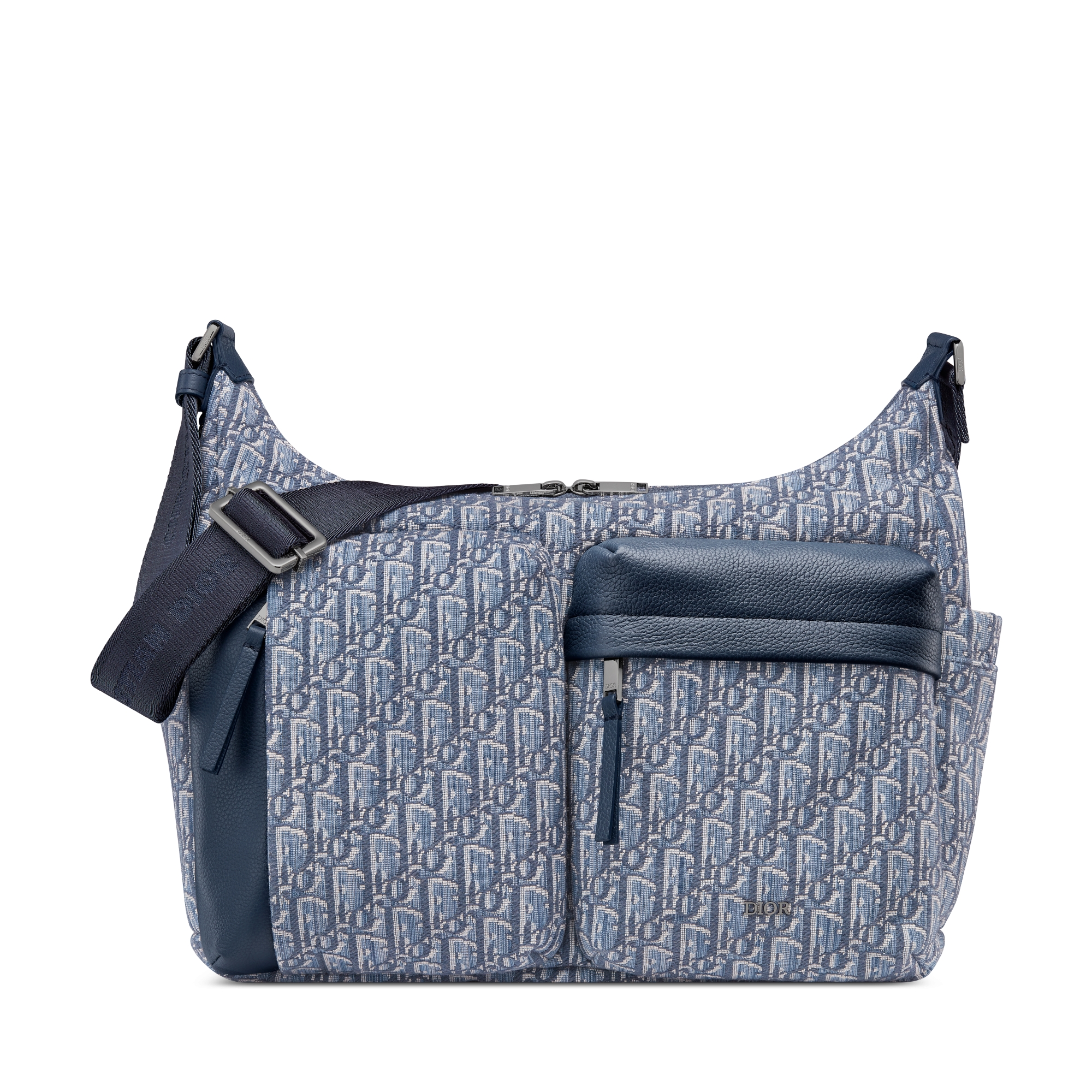 Middelgrote Rider Soft-hobotas Blauwe Dior Oblique-jacquard en blauw generfd kalfsleer E01