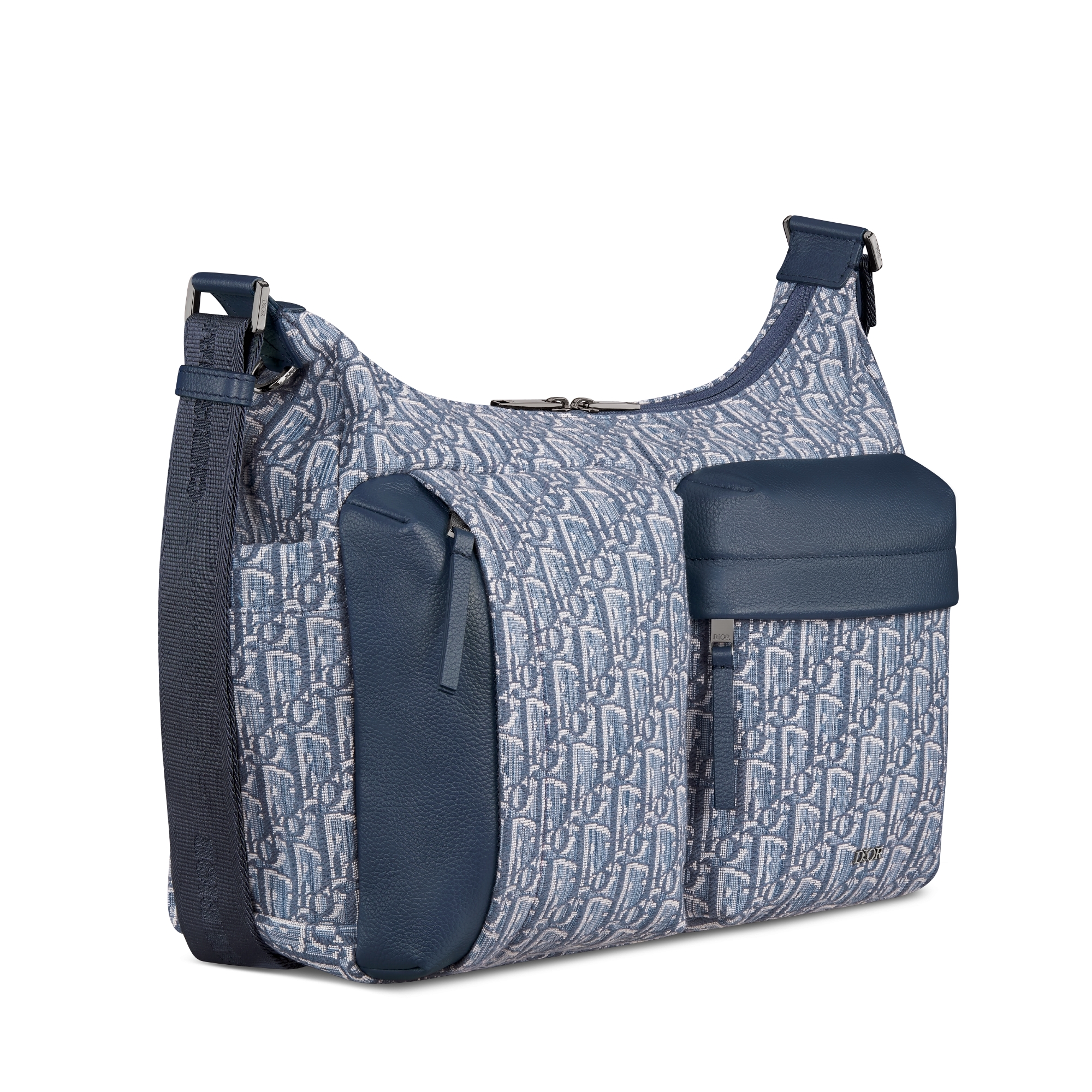 Middelgrote Rider Soft-hobotas Blauwe Dior Oblique-jacquard en blauw generfd kalfsleer E03