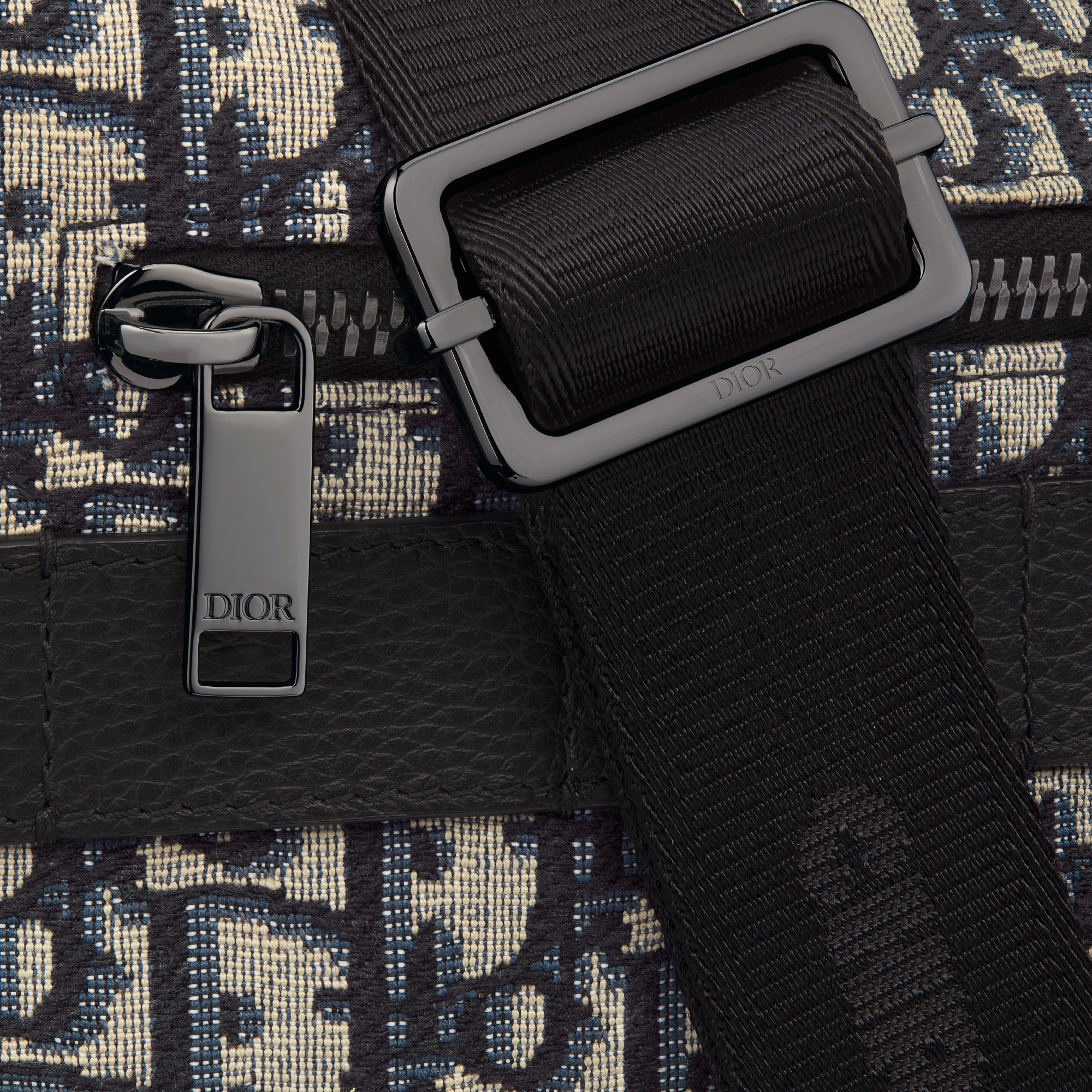 Maxi Safari-tas met schouderband Beige en zwarte Dior Oblique-jacquard met zwart generfd kalfsleer E09