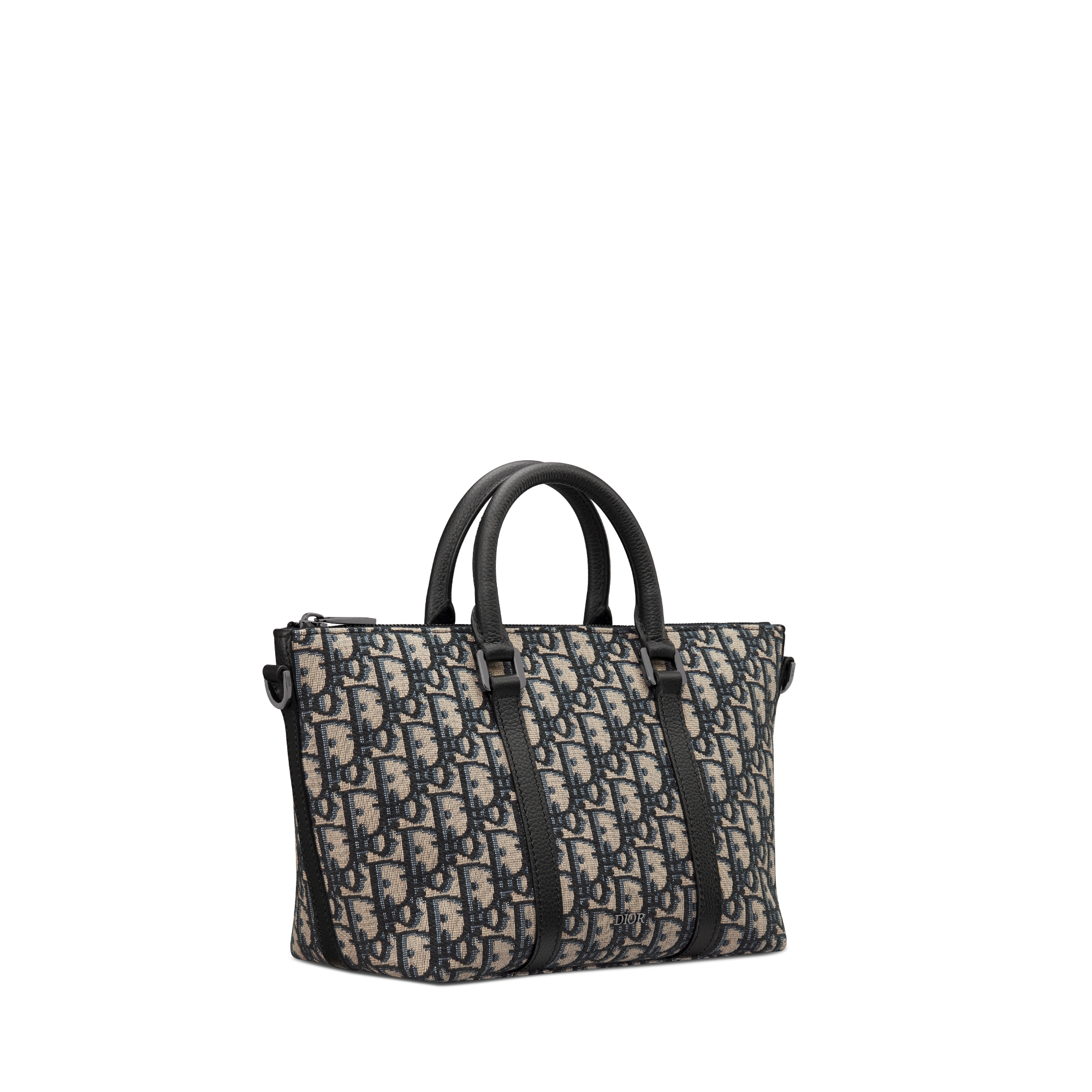 Weekender 25 백 베이지 & 블랙 Dior Oblique 자카드, 블랙 그레인 송아지 가죽 E03