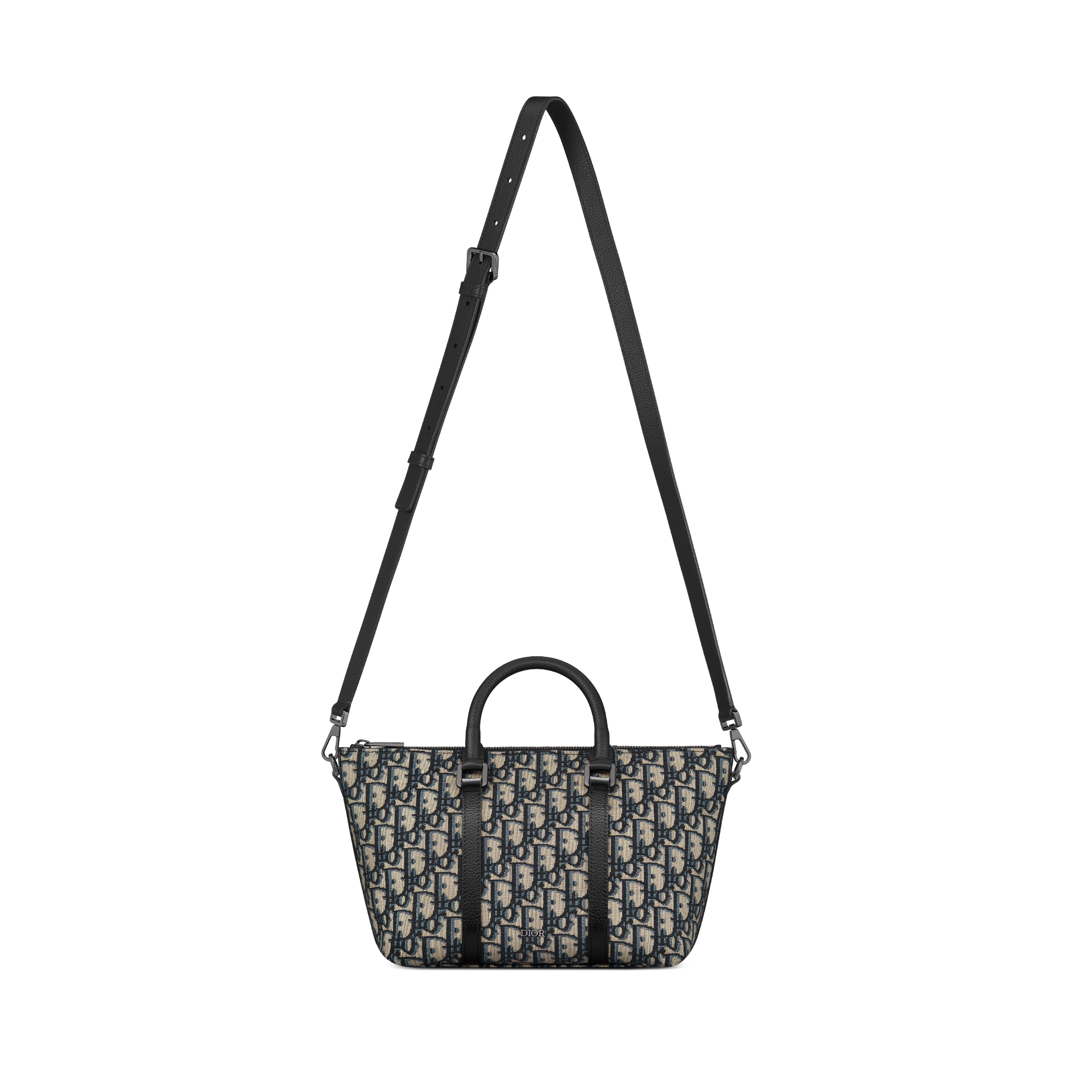 Weekender 25 백 베이지 & 블랙 Dior Oblique 자카드, 블랙 그레인 송아지 가죽 E07