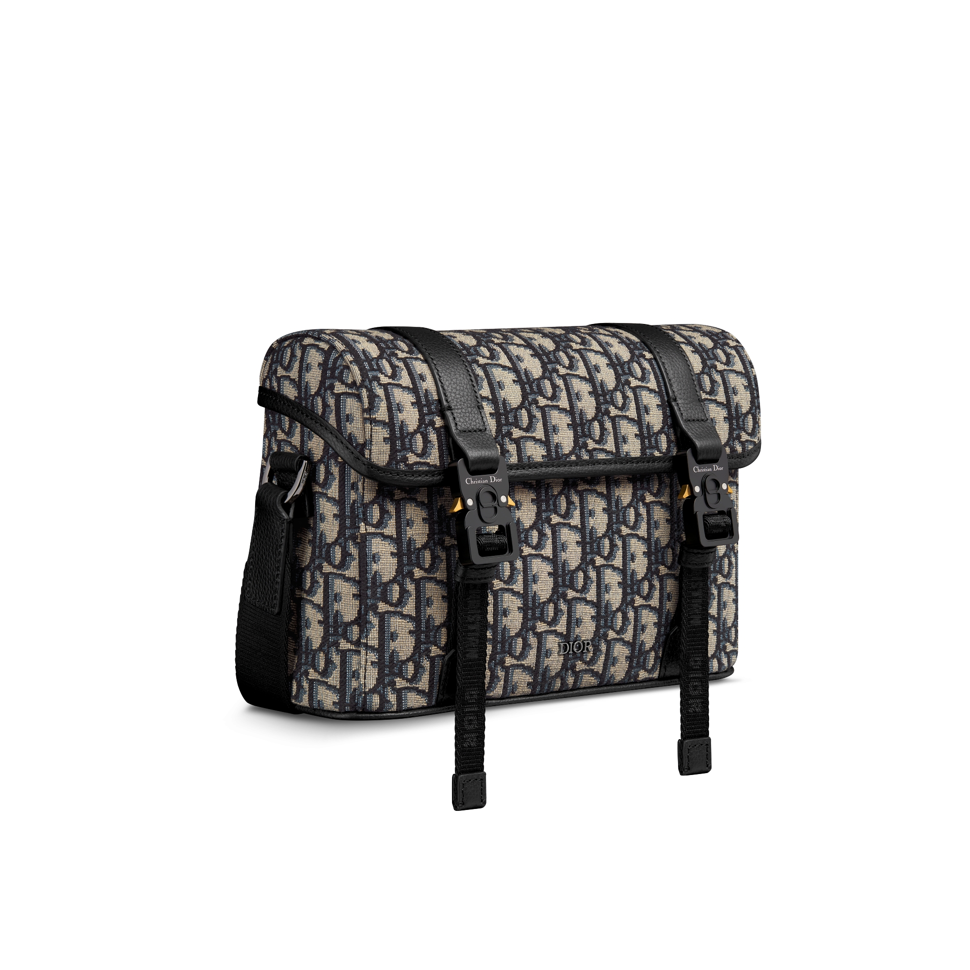 Dior Hit The Road-schoudertas met flap Beige en zwarte Dior Oblique-jacquard met zwart generfd kalfsleer E03