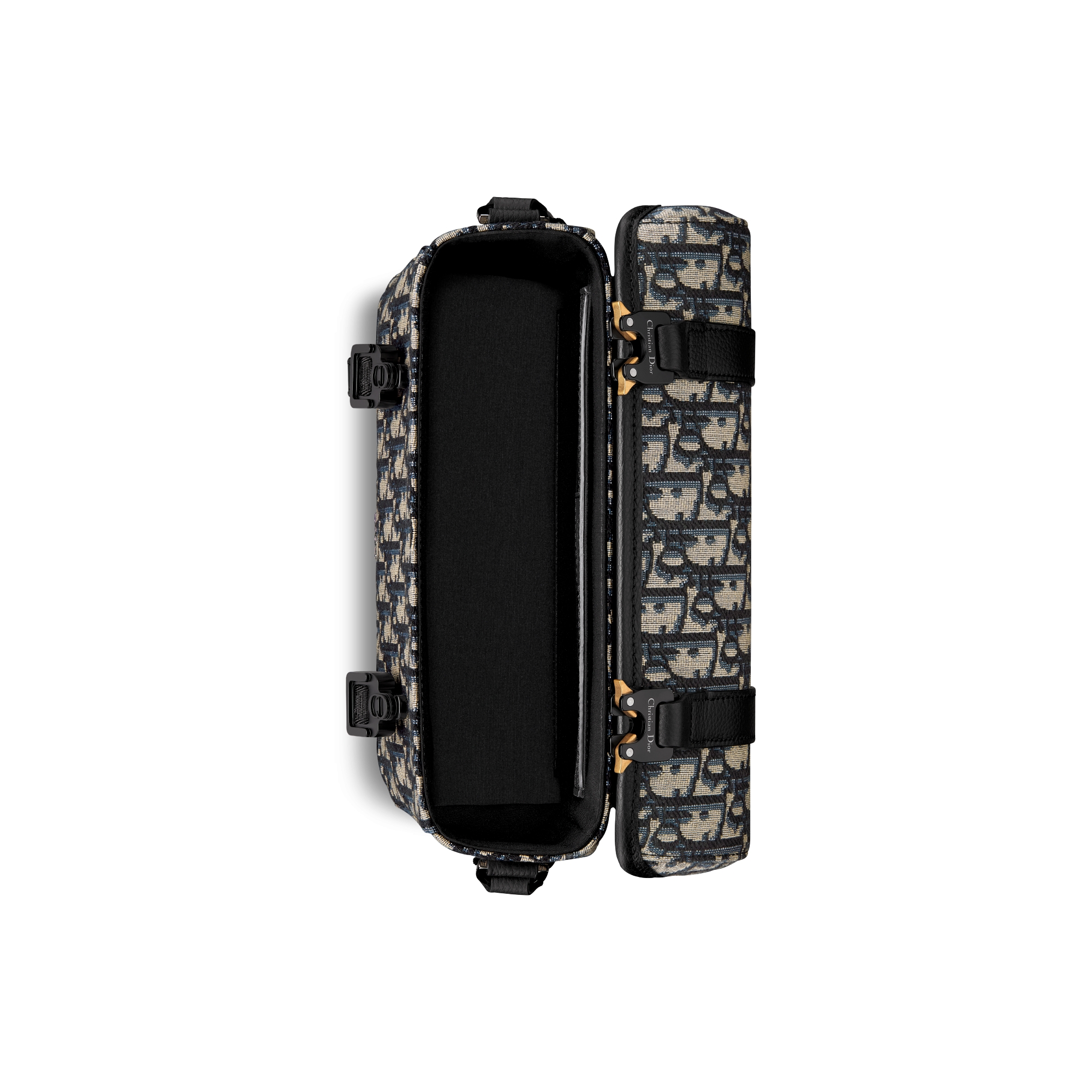 Dior Hit The Road-schoudertas met flap Beige en zwarte Dior Oblique-jacquard met zwart generfd kalfsleer E06