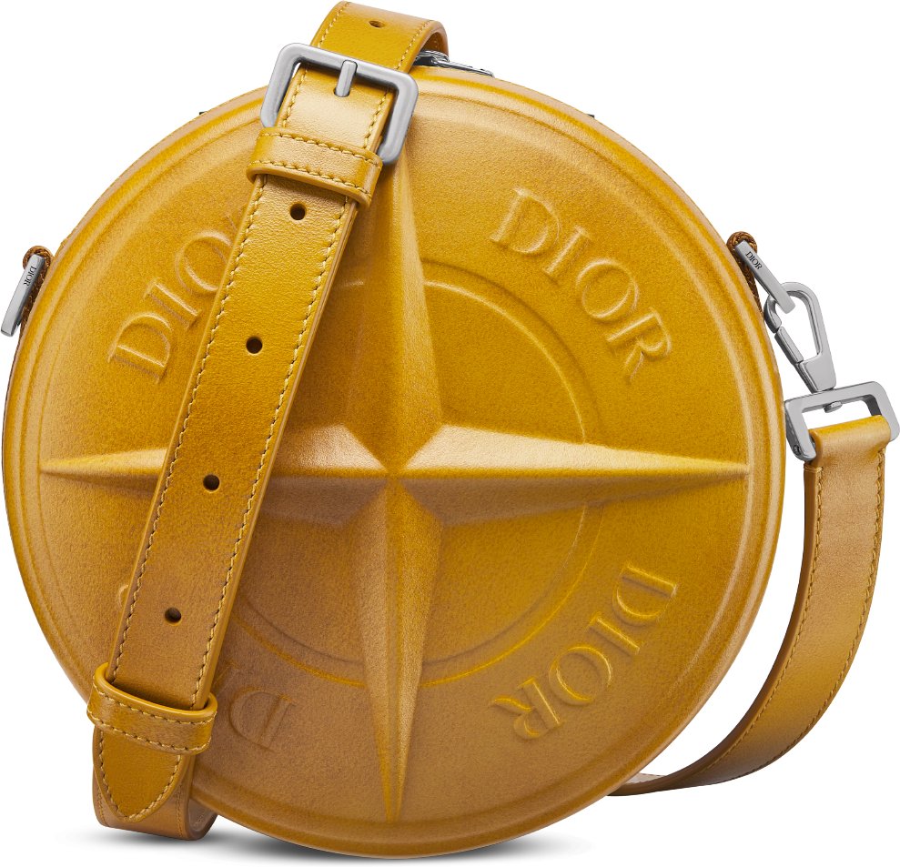 DIOR AND STONE ISLAND Round Bag LIMITED AND NUMBERED EDITION Yellow Stamped Effect Smooth Calfskin DIOR