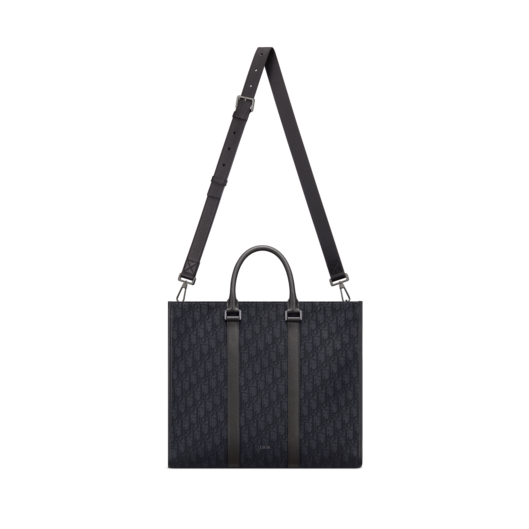 East-West Tote Bag Dior Oblique Jacquard in Schwarz und genarbtes Kalbsleder in Schwarz E07