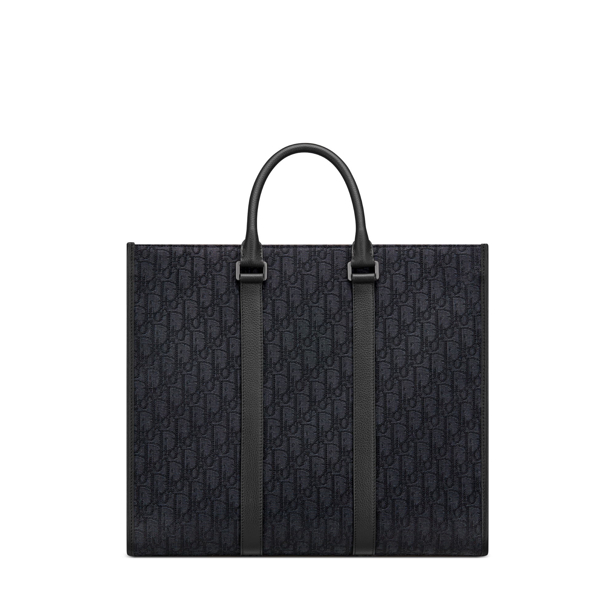 East-West Tote Bag Dior Oblique Jacquard in Schwarz und genarbtes Kalbsleder in Schwarz E08
