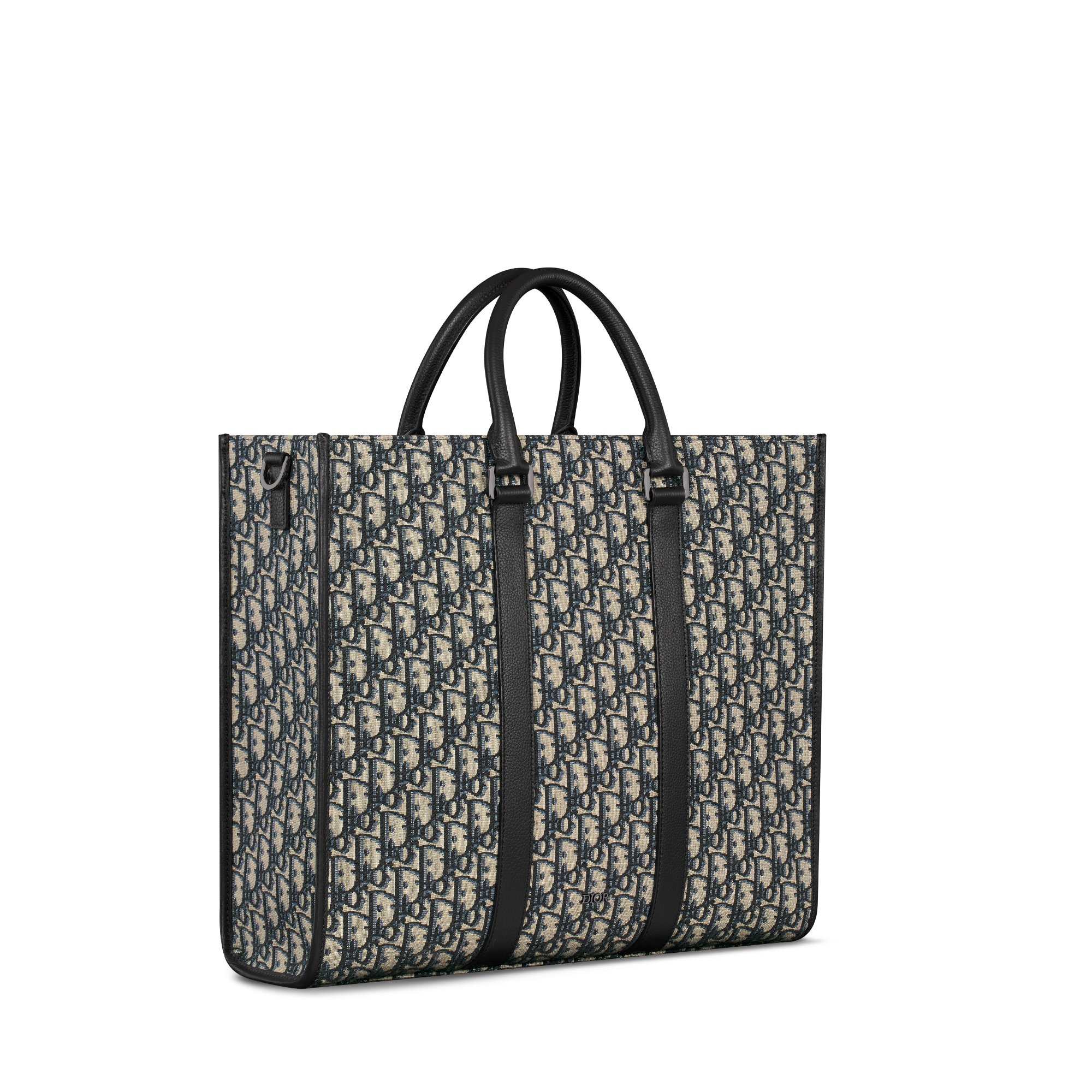 Borsa tote East-West Jacquard Dior Oblique beige e nero con pelle di vitello granulata nera E03