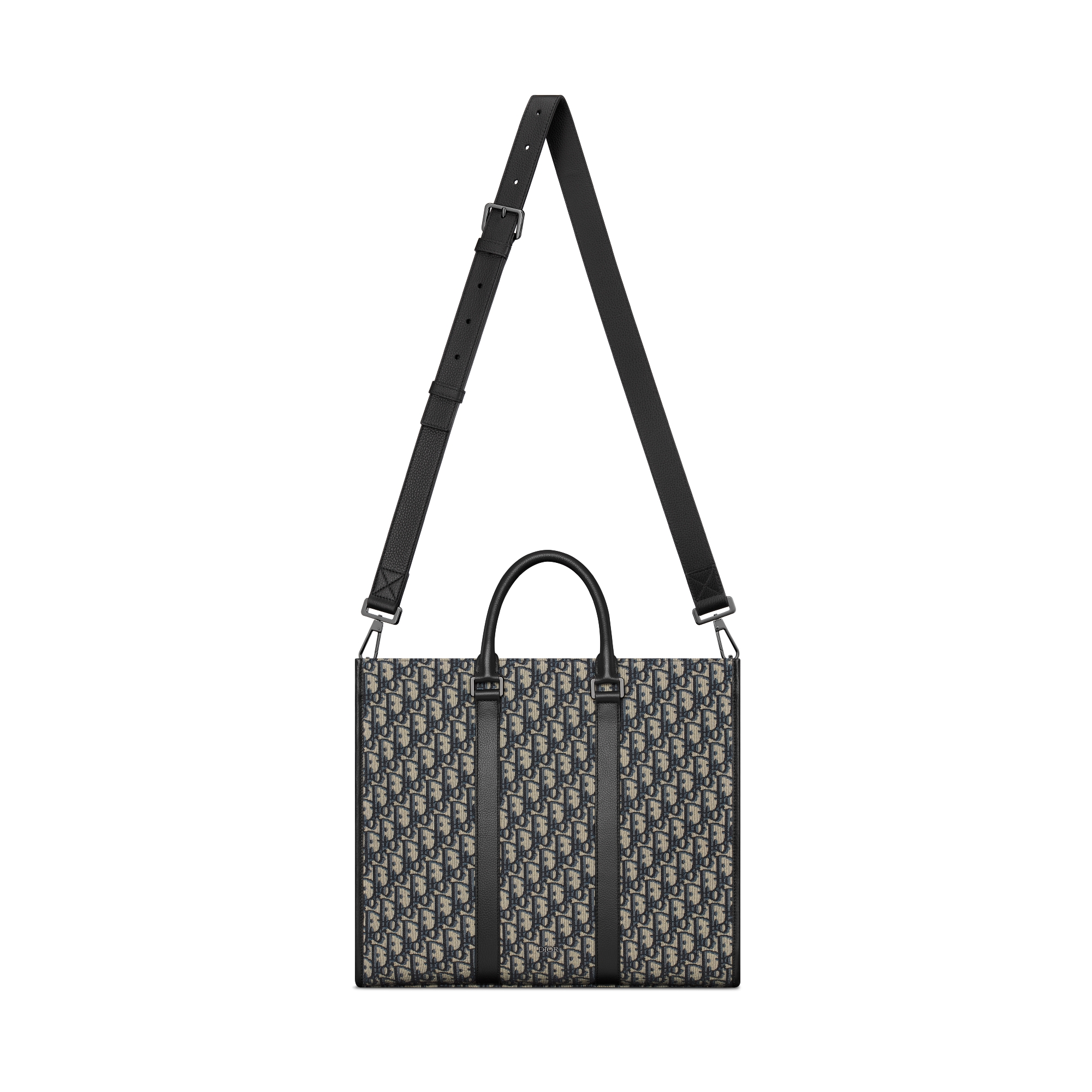 Borsa tote East-West Jacquard Dior Oblique beige e nero con pelle di vitello granulata nera E07